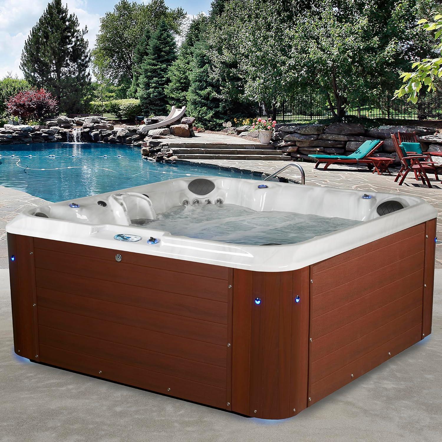 Amplified 6-Person 100-Jet Double-Lounger Hot Tub Spa with Bluetooth Stereo, 3 Pumps, LED Lighting, Stainless Steel Heater and Ozonator, Insulated Cover and Steps Included