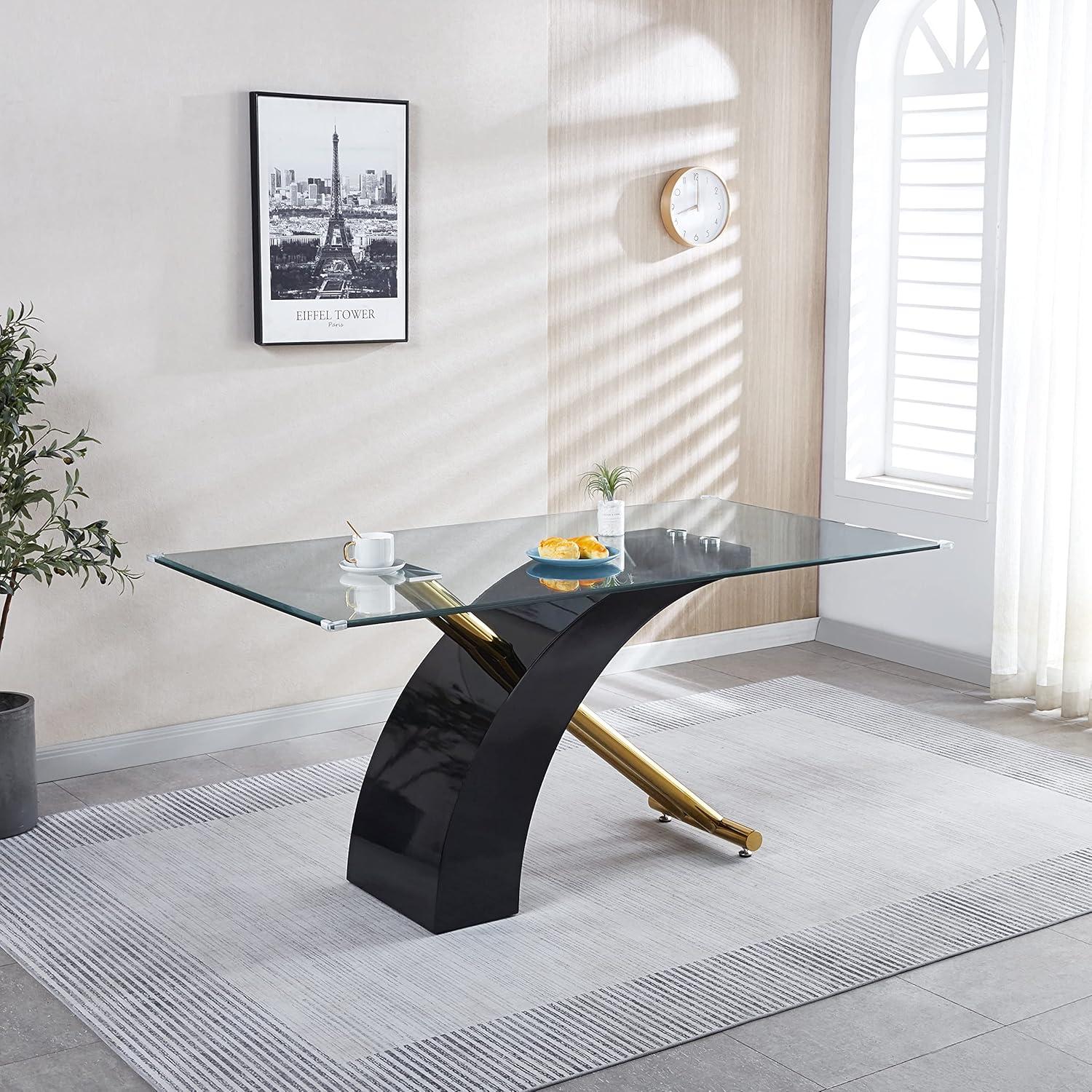 DreamBuck Stylish Dining Room Table, Luxury Glass Top Dining Table, Modern Design For Your House, Black