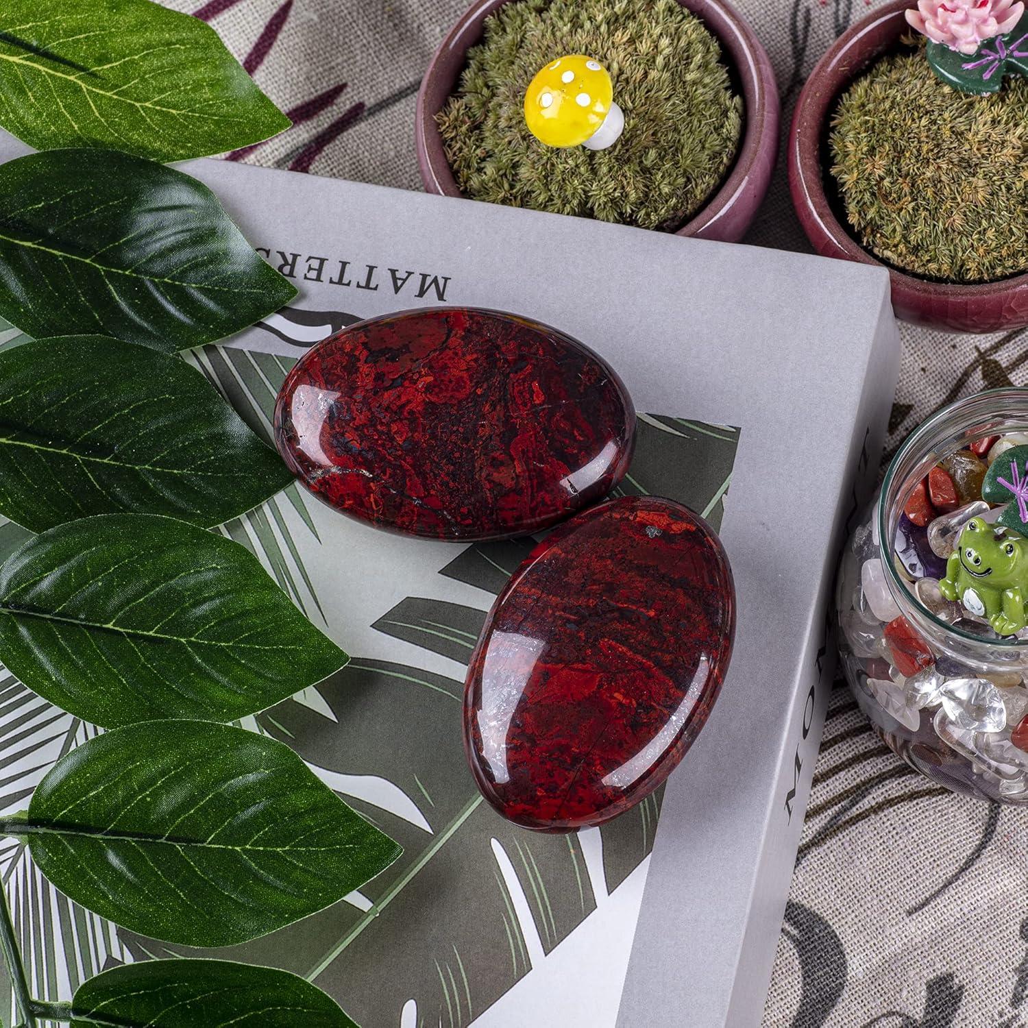 Red Flower Jasper Palm Stone Crystal Natural Chakra Therapy Polished Healing Crystal Oval Pocket Gemstone for Anxiety Stress Relief