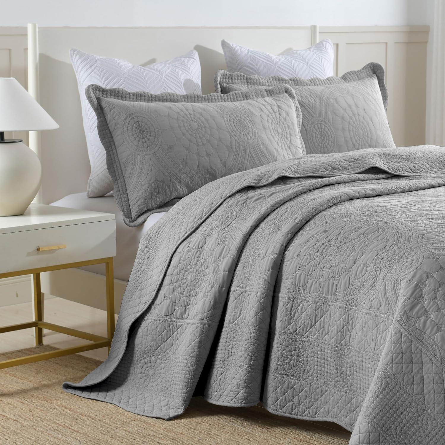 3-Piece 100% Cotton Oversized Bedspread Quilt Set Coverlet Set Farmhouse Bedding Set TF, Light Grey, Queen