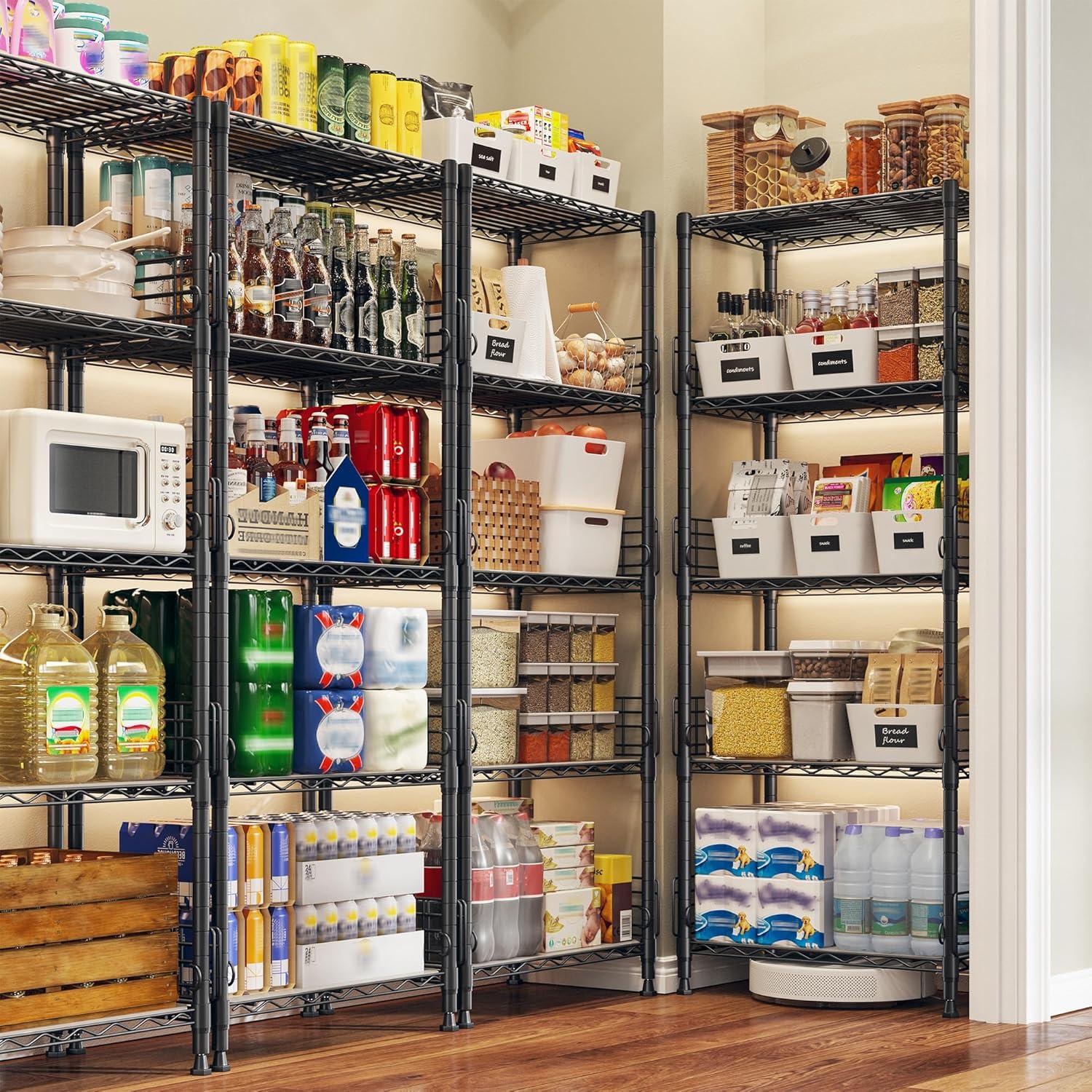 LINSY HOME Pantry Storage Shelves, 5-Tier Adjustable Heavy Duty Metal Storage Shelf, 59" Tall Standing Shelf, Upgrade Steel Wire Rack Organizer for Kitchen, Bathroom, Garage, Living Room, Black