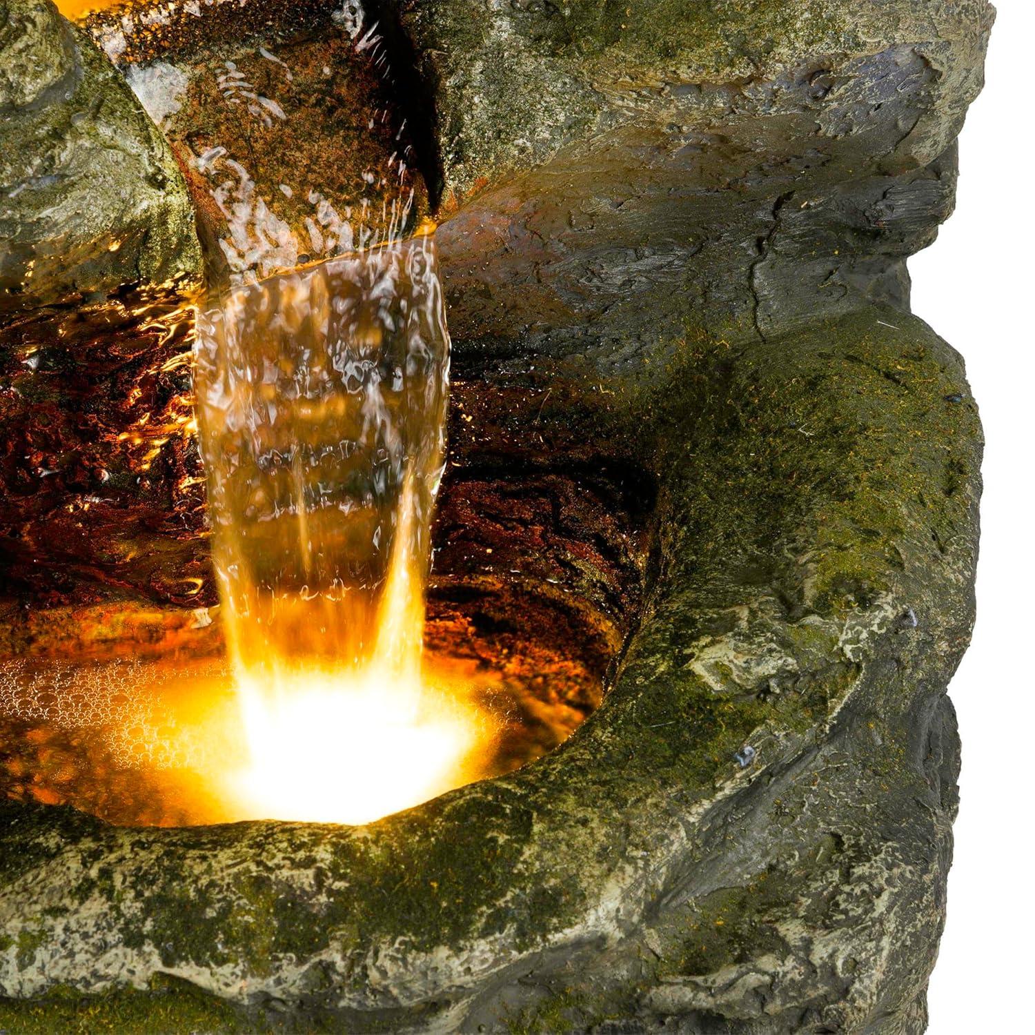 51" Resin Rock Cascading Fountain with LED Lights Gray - Alpine Corporation: Waterfall Feature, Birdbath