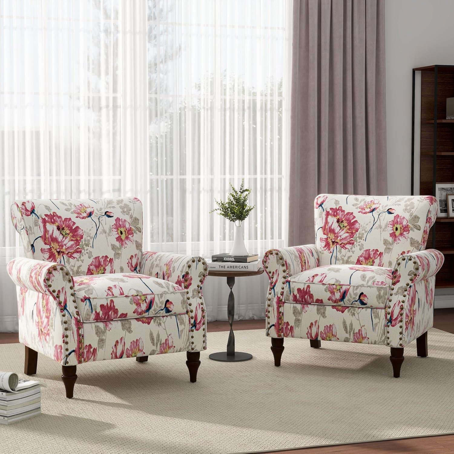 Floral Pattern Blue and White Barrel Accent Chair Set