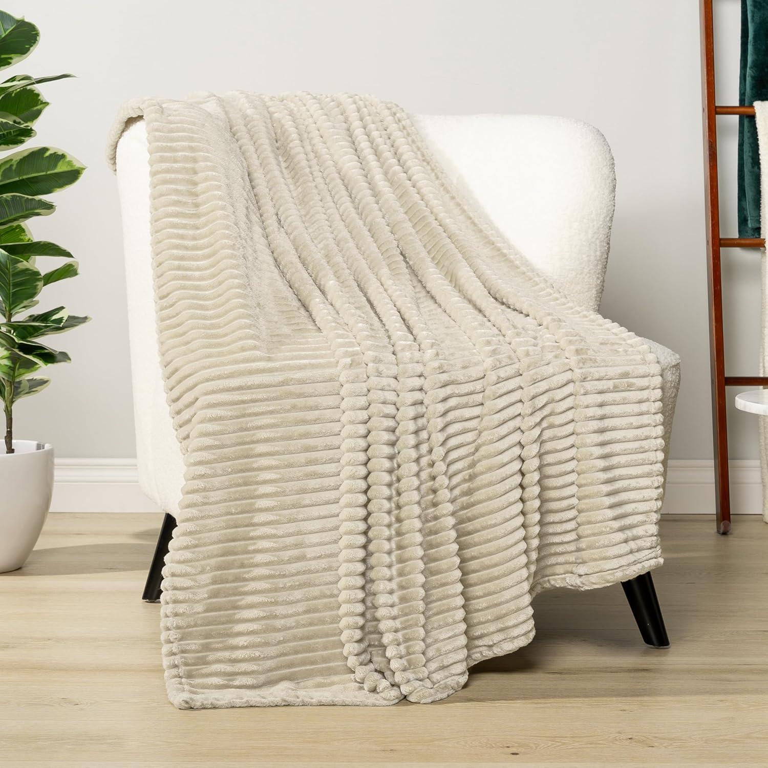 PAVILIA Super Soft Fleece Flannel Ribbed Striped Throw Blanket, Luxury Fuzzy Plush Warm Cozy for Sofa Couch Bed