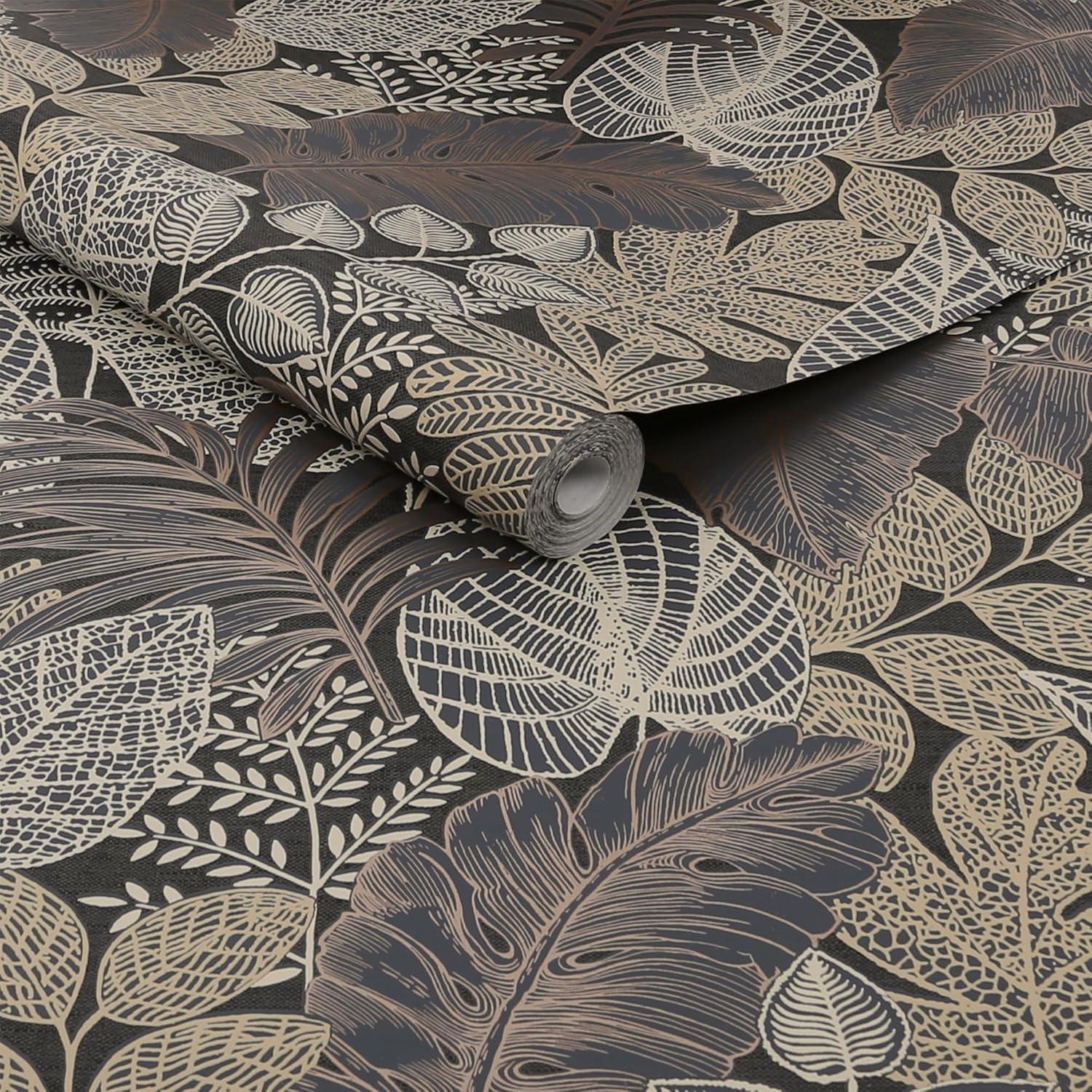 Superfresco Easy Scattered Leaves Charcoal and Gold Wallpaper