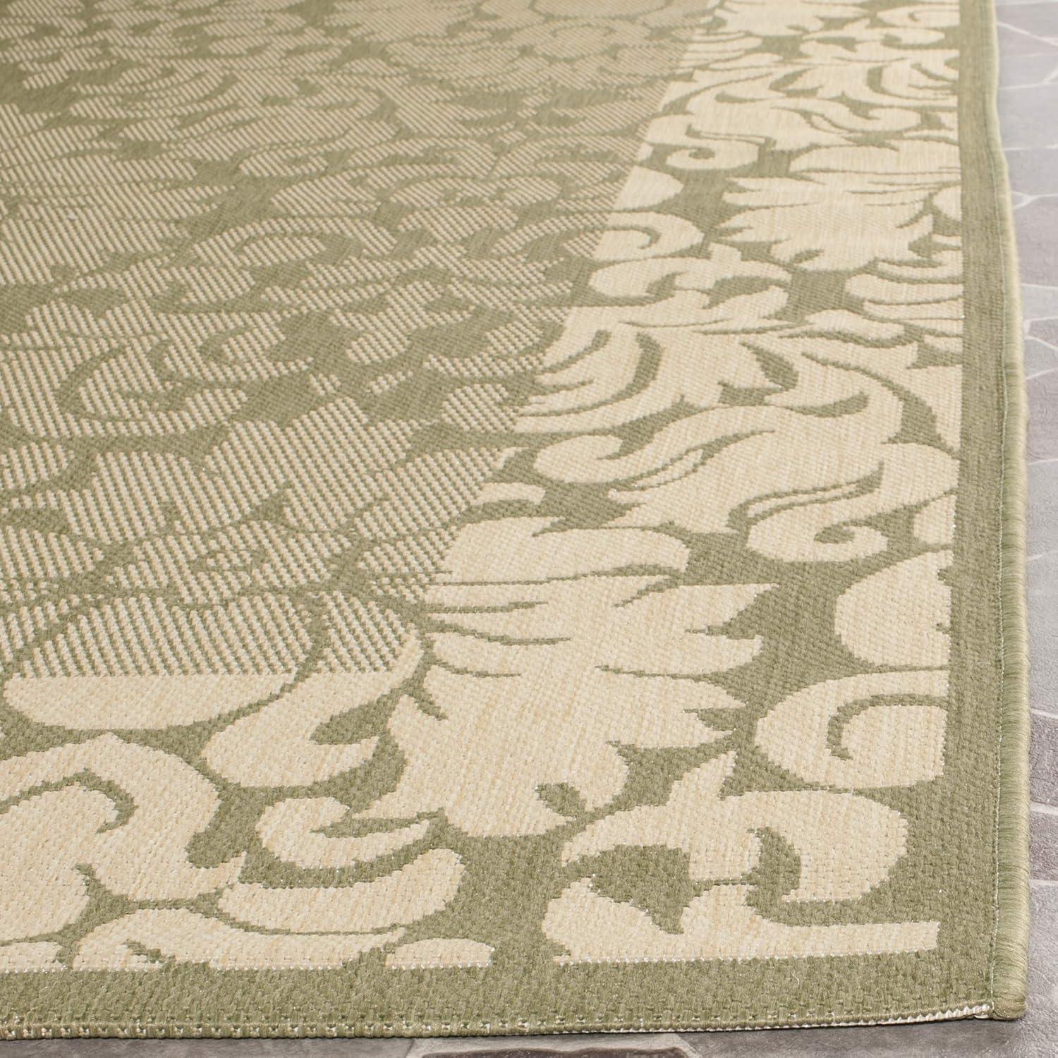 SAFAVIEH Courtyard Dani Damask Bordered Indoor/Outdoor Area Rug, 6'7" x 6'7" Square, Olive/Natural