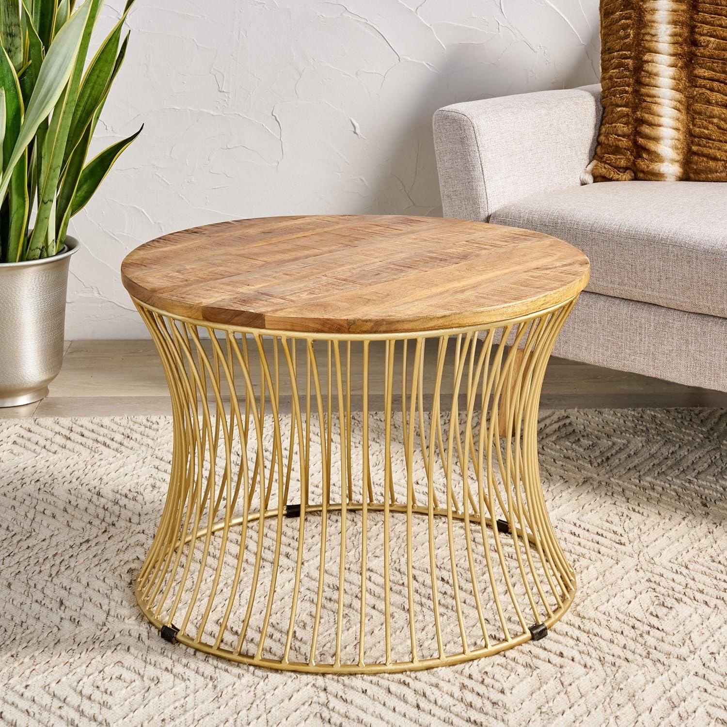 GDF Studio Fenkell Boho Handmade Mango Wood and Iron Coffee Table, Natural and Gold