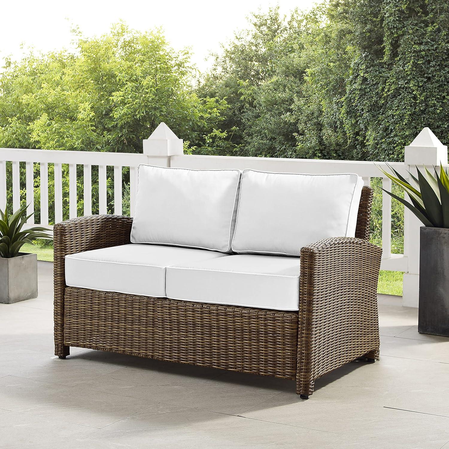 Bradenton Outdoor Loveseat: Weathered Brown/White, Steel Frame, Moisture-Resistant Cushions - Crosley