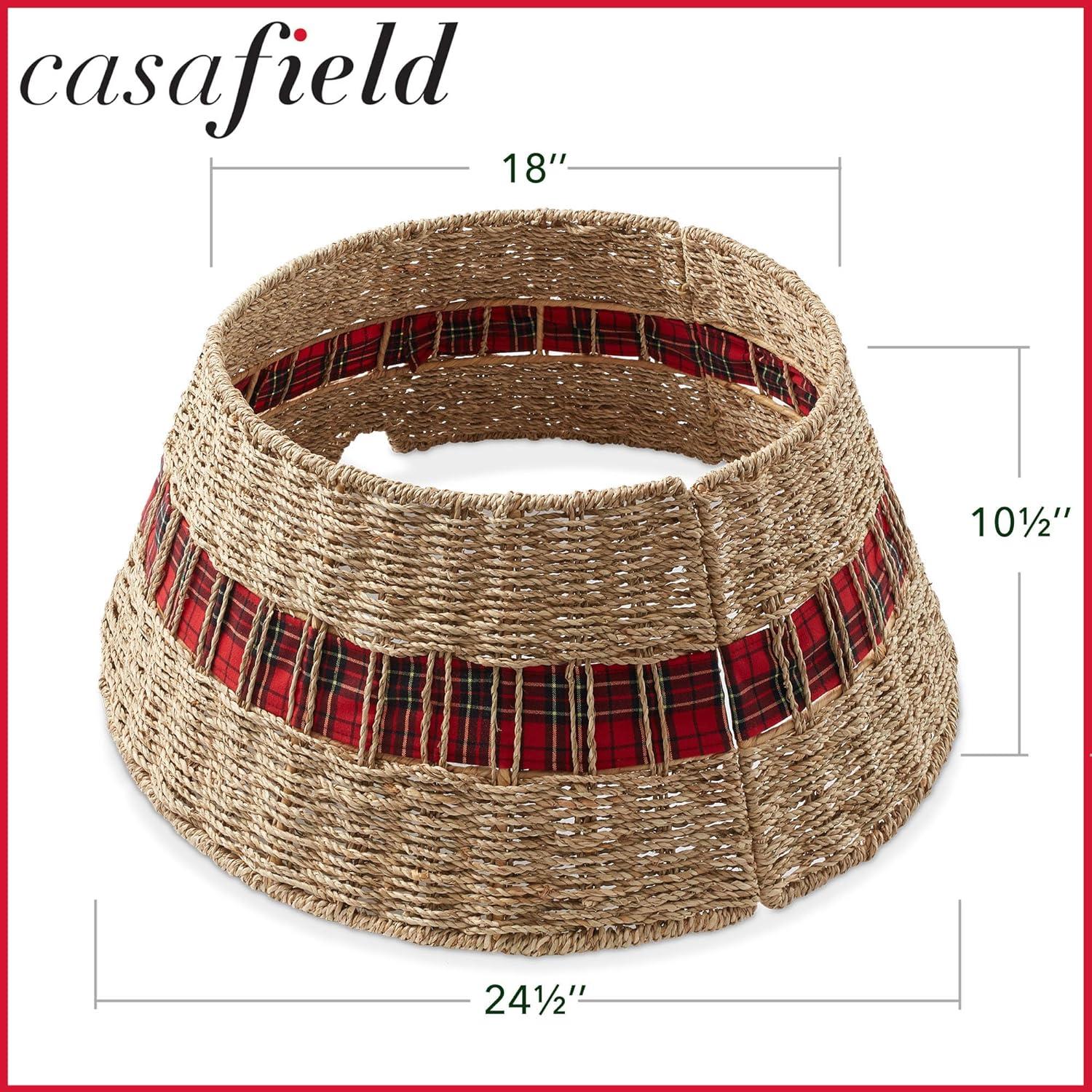 Casafield 24-Inch Seagrass Hyacinth Christmas Tree Collar, Woven Farmhouse Tree Base Cover with Cord Cut Out, Natural