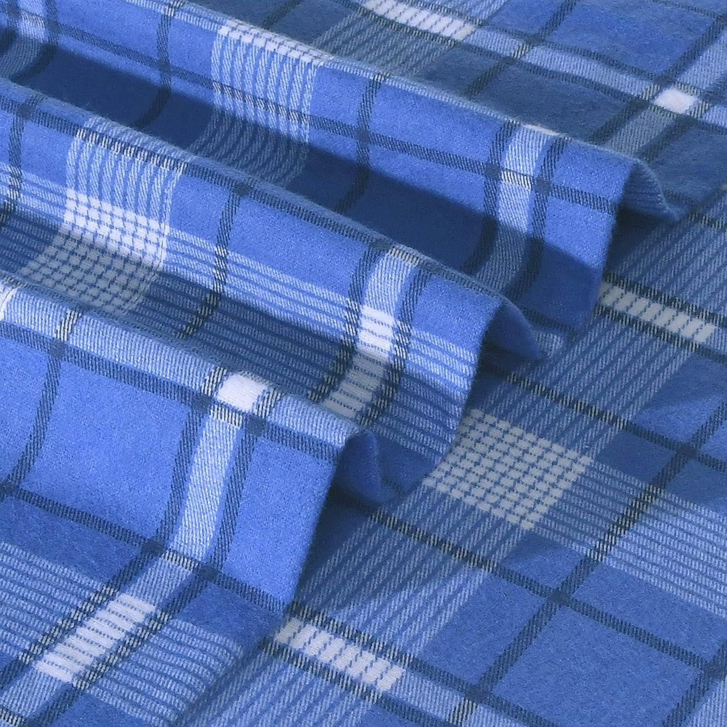 Sleepdown 100% Cotton Flannel Sheets Queen Size Bed Sheets Set with Deep Pockets, Brushed Flannel with Elastic Fitted Sheet Set, Soft & Cozy Sheets 4 Piece Bedding and Pillowcase set, Dark Blue Plaid