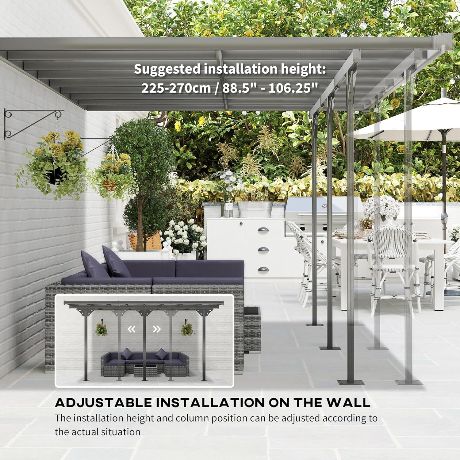 Outsunny Outdoor Polycarbonate Pergola, Transparent UV Blocking Awning, Hardtop Deck Gazebo w/ Adjustable Posts, Aluminum, Gray