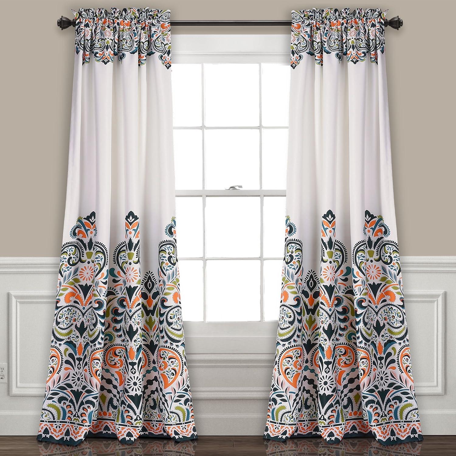 Navy and Tangerine Damask Pattern Blackout Drapes, Set of 2