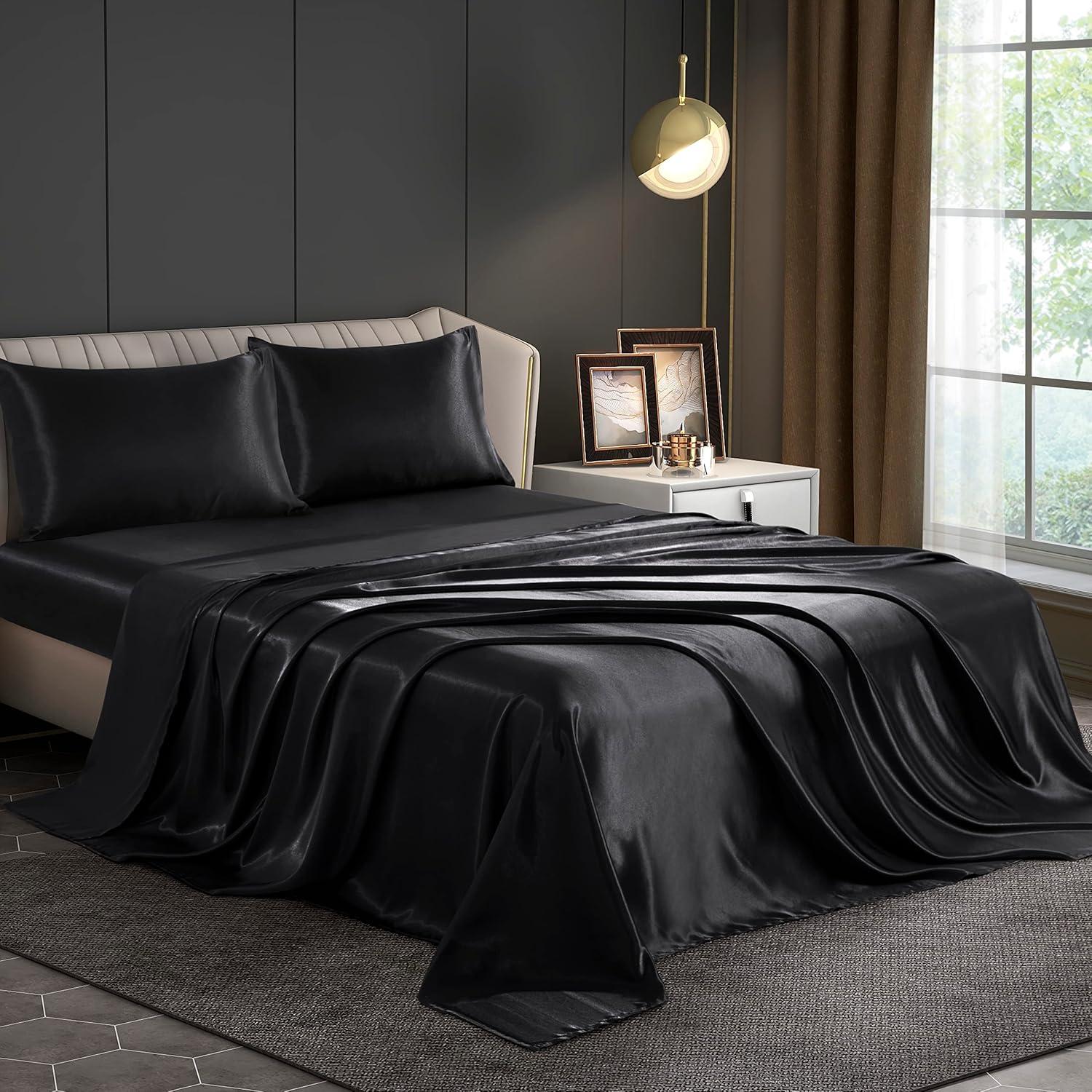 Black Satin Full Size 4-Piece Deep Pocket Sheet Set