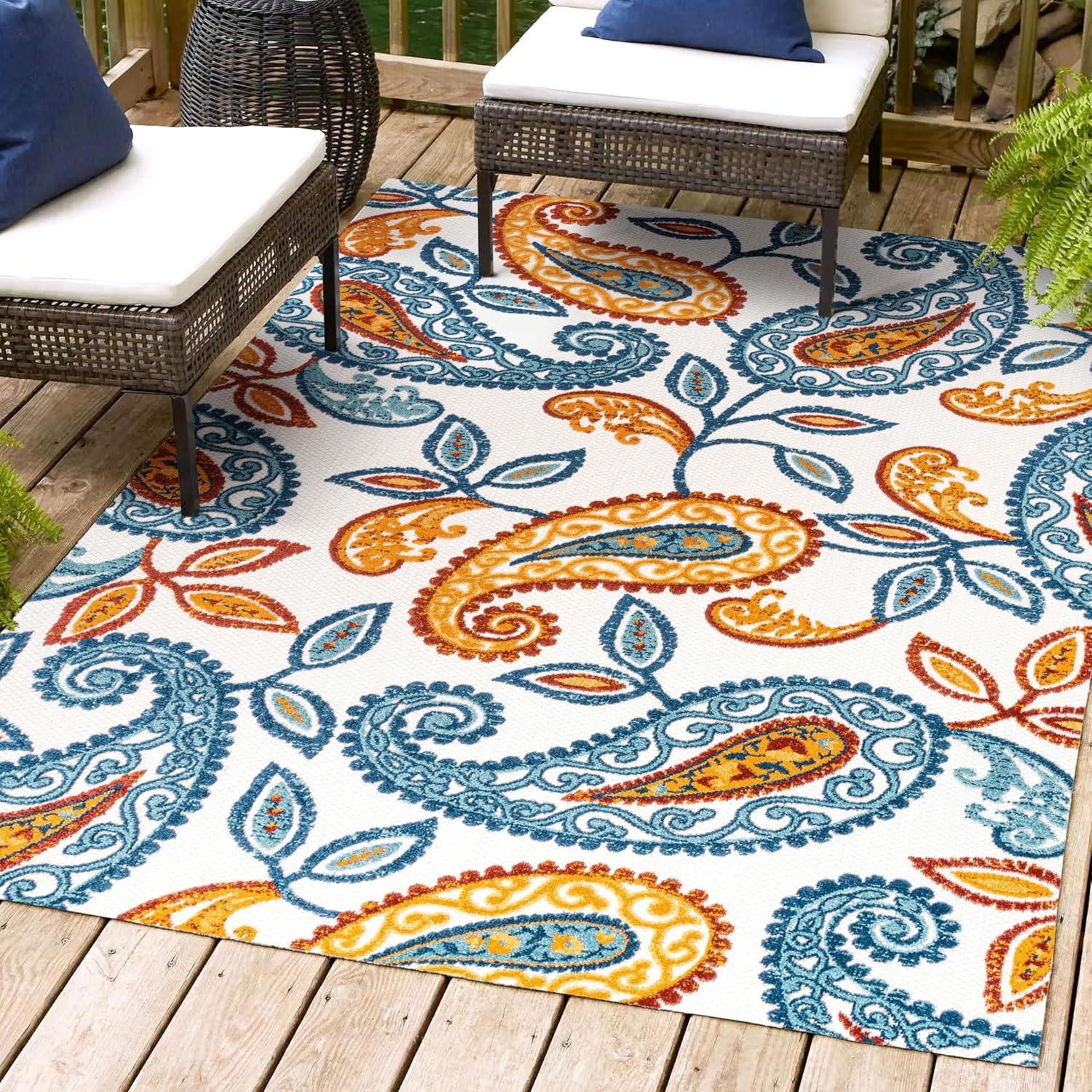 5'x8' Julien Paisley High-Low Indoor/Outdoor Area Rug, Orange/Blue - JONATHAN Y
