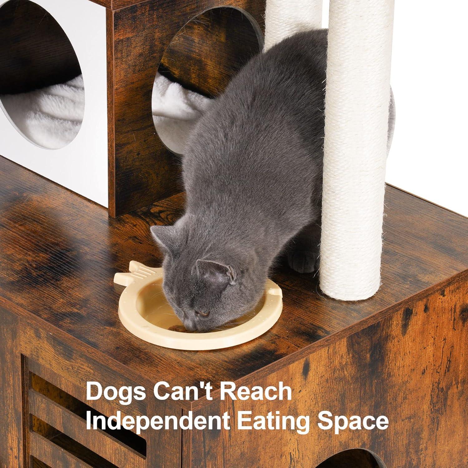 Wood Litter Box Enclosure with Food Station, All-in-one Indoor Cat Furniture with Large Platform and Condo