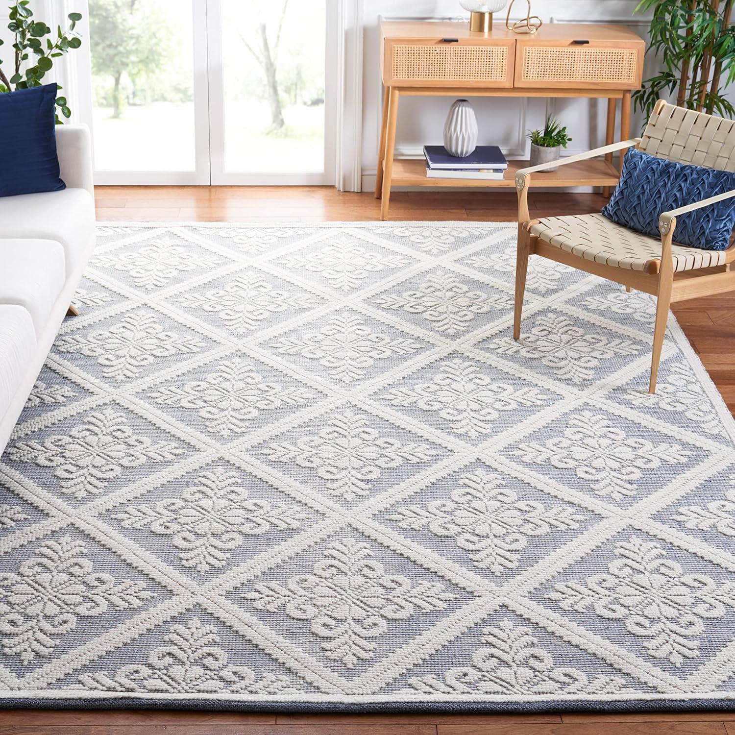 Ivory and Blue Hand-Knotted Wool 8' x 10' Area Rug