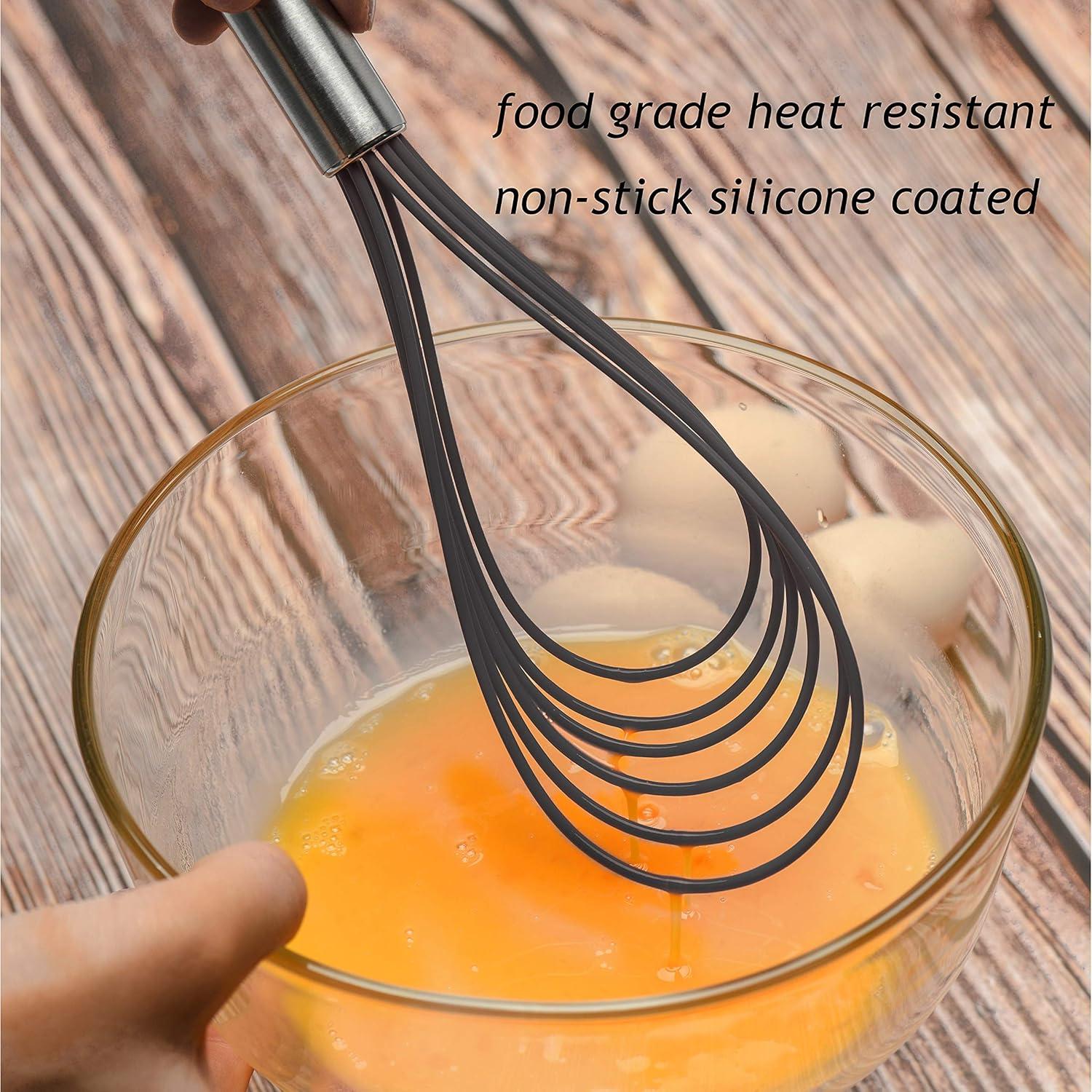 Flat Whisks Stainless Steel,3 Pack 10''+11''+12'' Set Premium Sturdy-6 Silicone Heads Non Stick Wires Whisk for Blending Beating Stirring Kitchen Cooking Color Grey