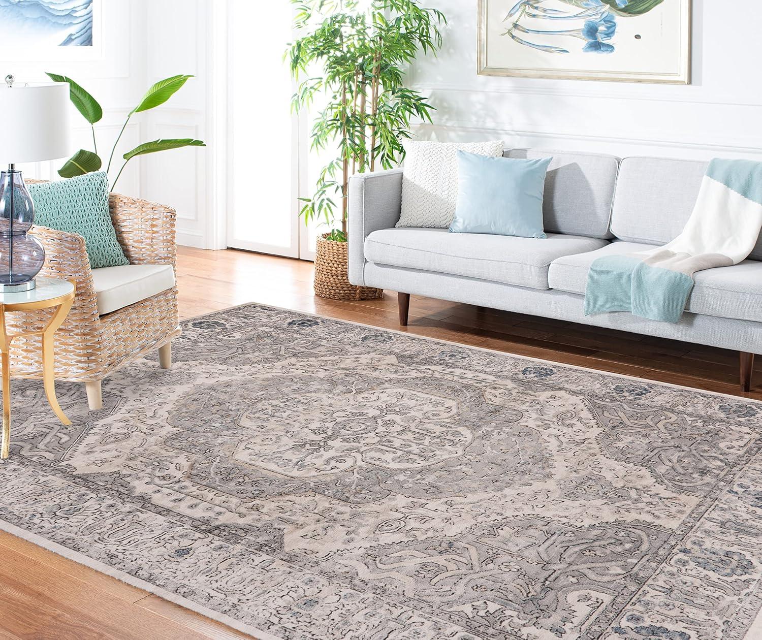 Ivory and Gray Hand-Knotted Synthetic Area Rug