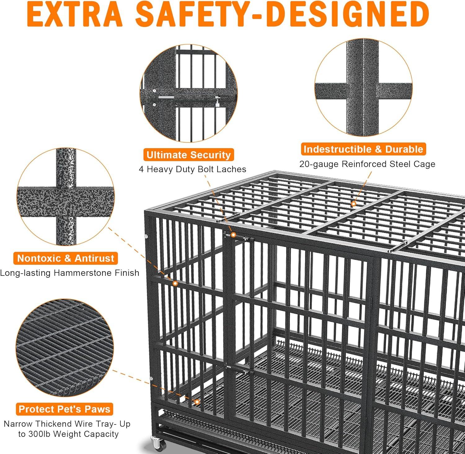 Boldbone 48/38 inch Heavy Duty Indestructible Dog Crate Cage Kennel for Large Dogs, High Anxiety Dog Crate with Removable Crate Trays, Wheels and Double Door, Extra Large XL XXL Escape Proof Dog Crate