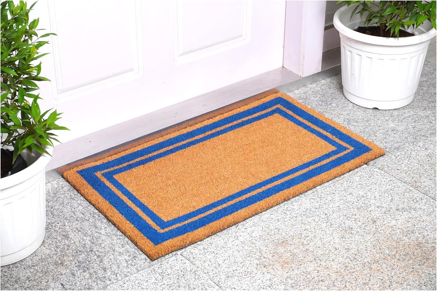 Natural Coir 24" x 36" Rectangular Outdoor Doormat with Blue Border