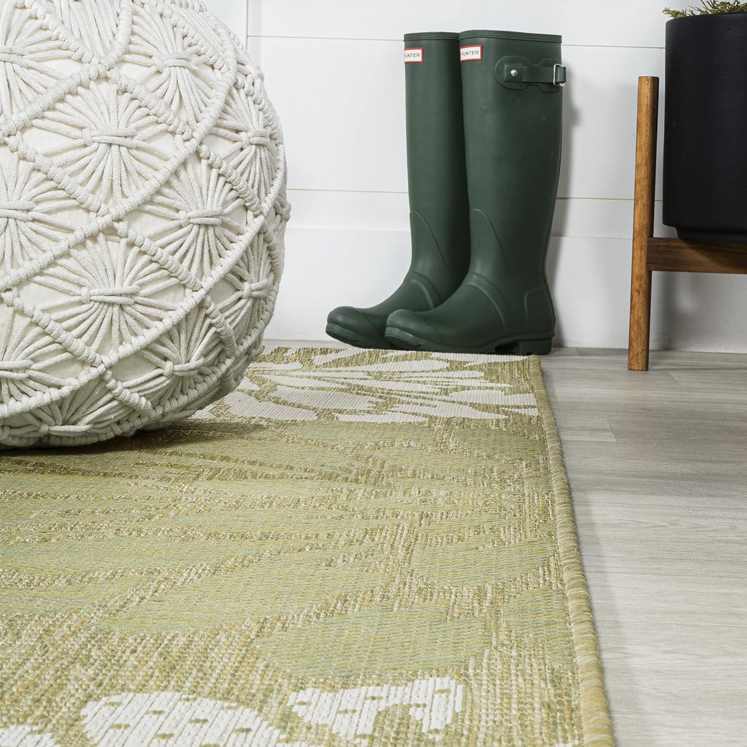 2' x 10' Zinnia Modern Floral Textured Weave Indoor/Outdoor Runner Rug, Green/Cream - JONATHAN Y