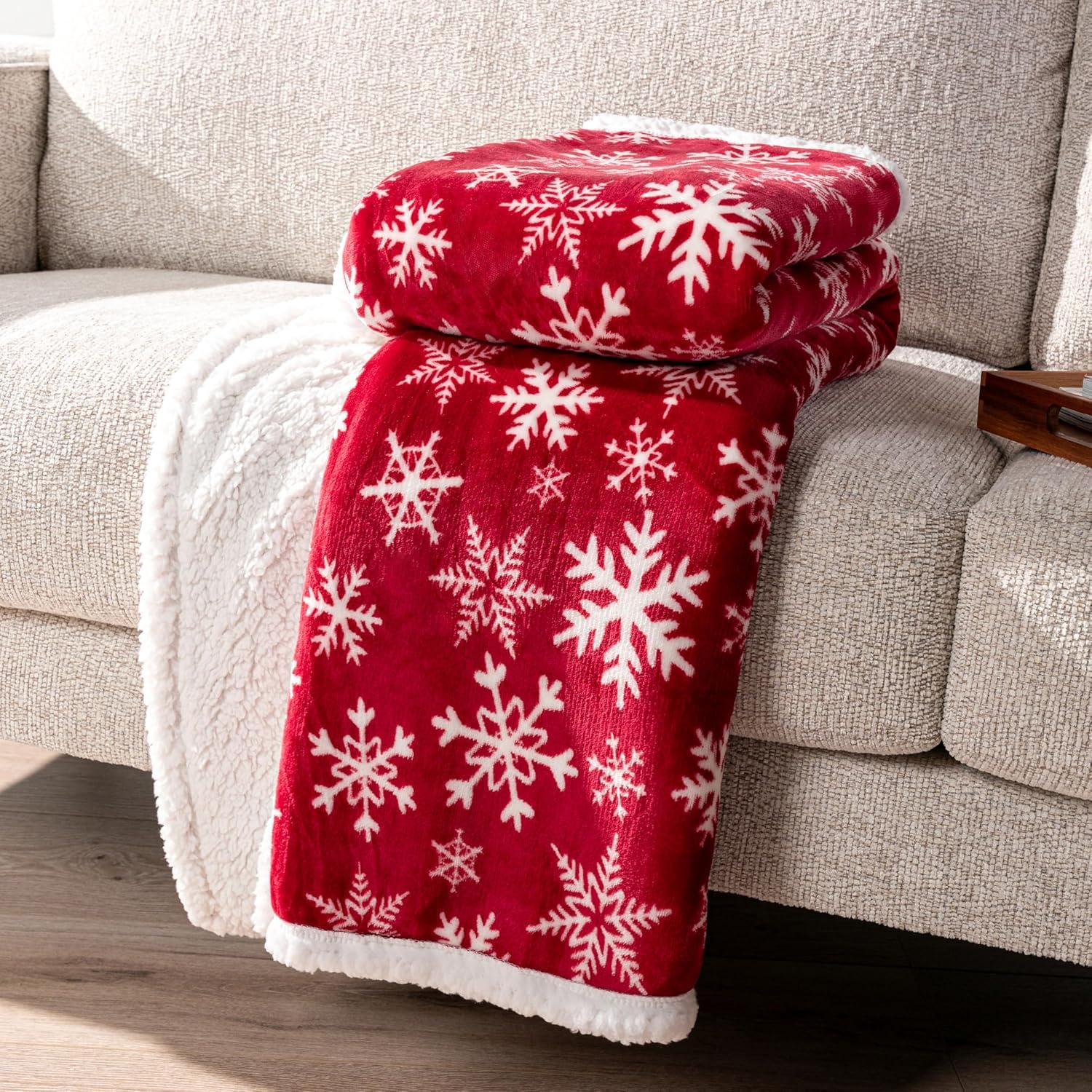 PAVILIA Soft Fleece Blanket Throw for Couch, Lightweight Plush Warm Blankets for Bed Sofa with Jacquard Pattern, Snowflake Red/Throw - 50x60