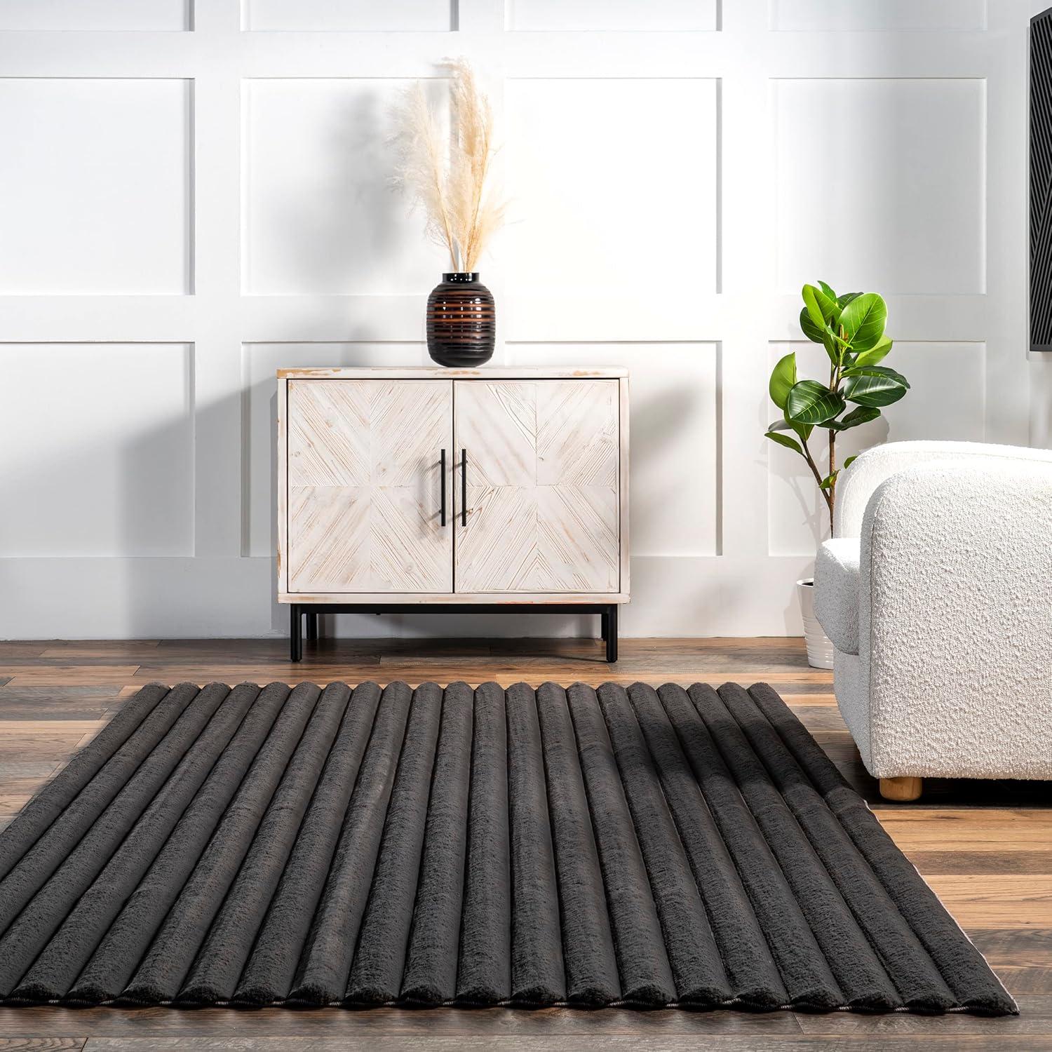 Kai Gray Stripe Faux Rabbit Fur Washable Area Rug