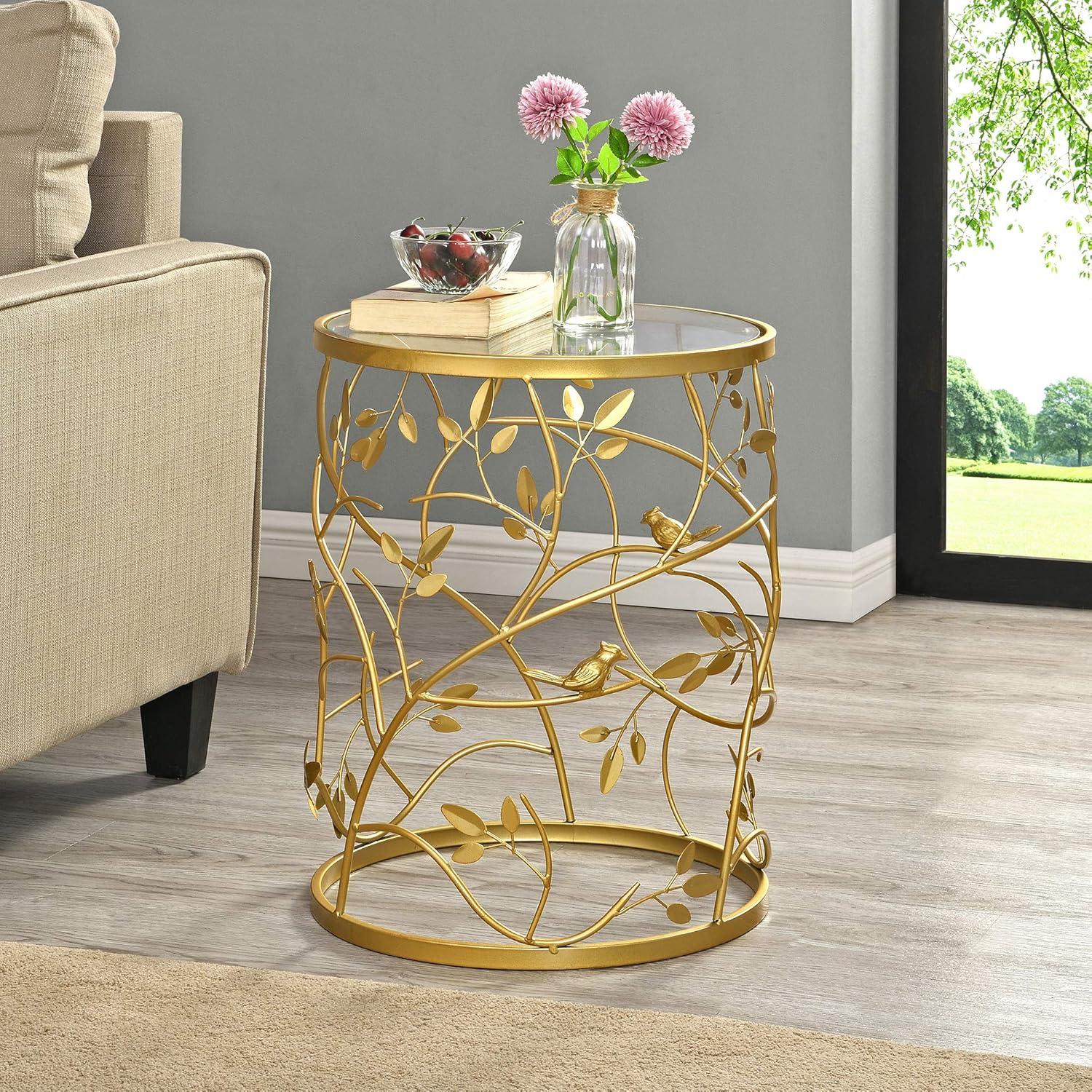 Elegant Gold Metal and Glass Round Accent Table with Bird and Branches Design