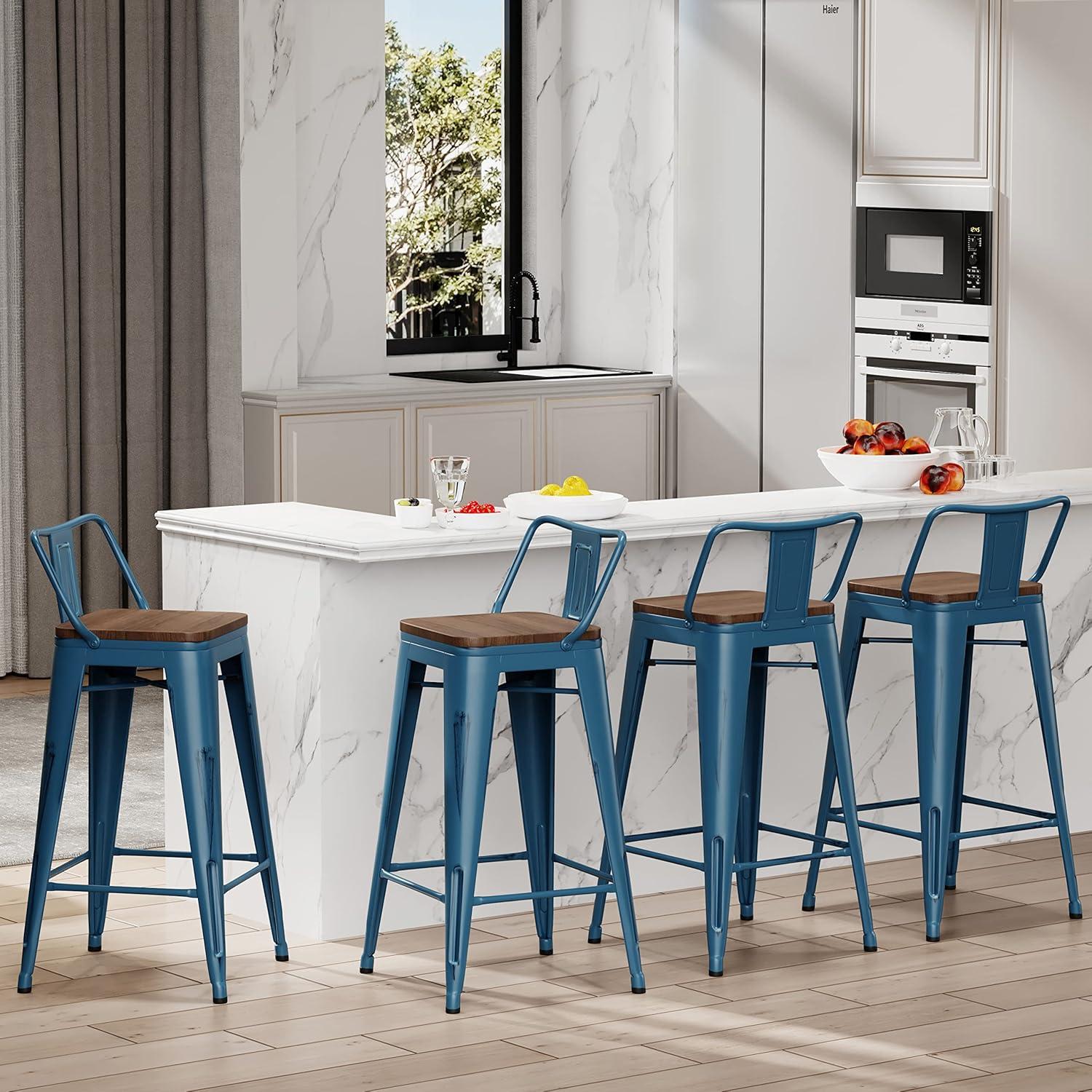 Distressed Navy Industrial Metal Bar Stools with Wood Seats