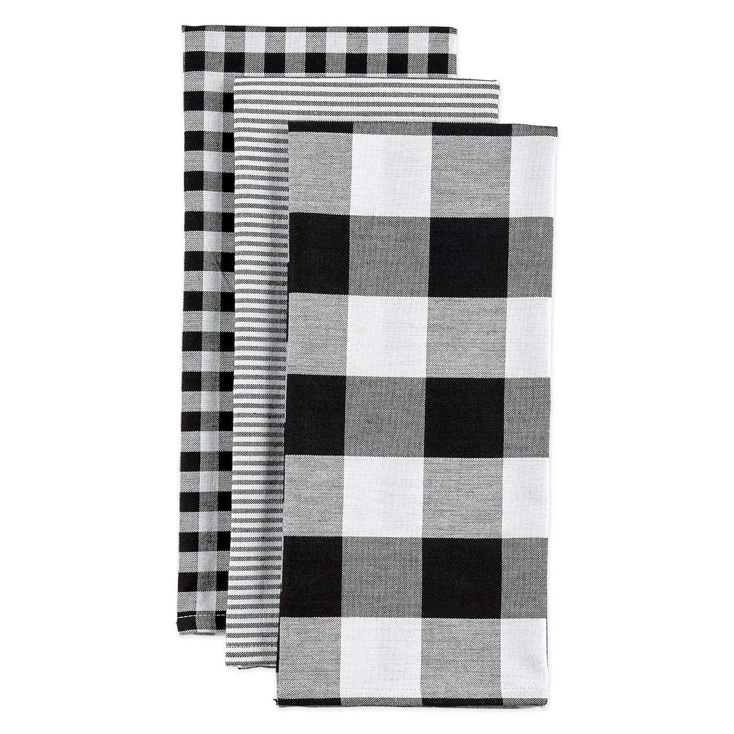 Design Imports  Dishtowel Set Gingham/Buffalo Check 3 Piece, 20X30", Black