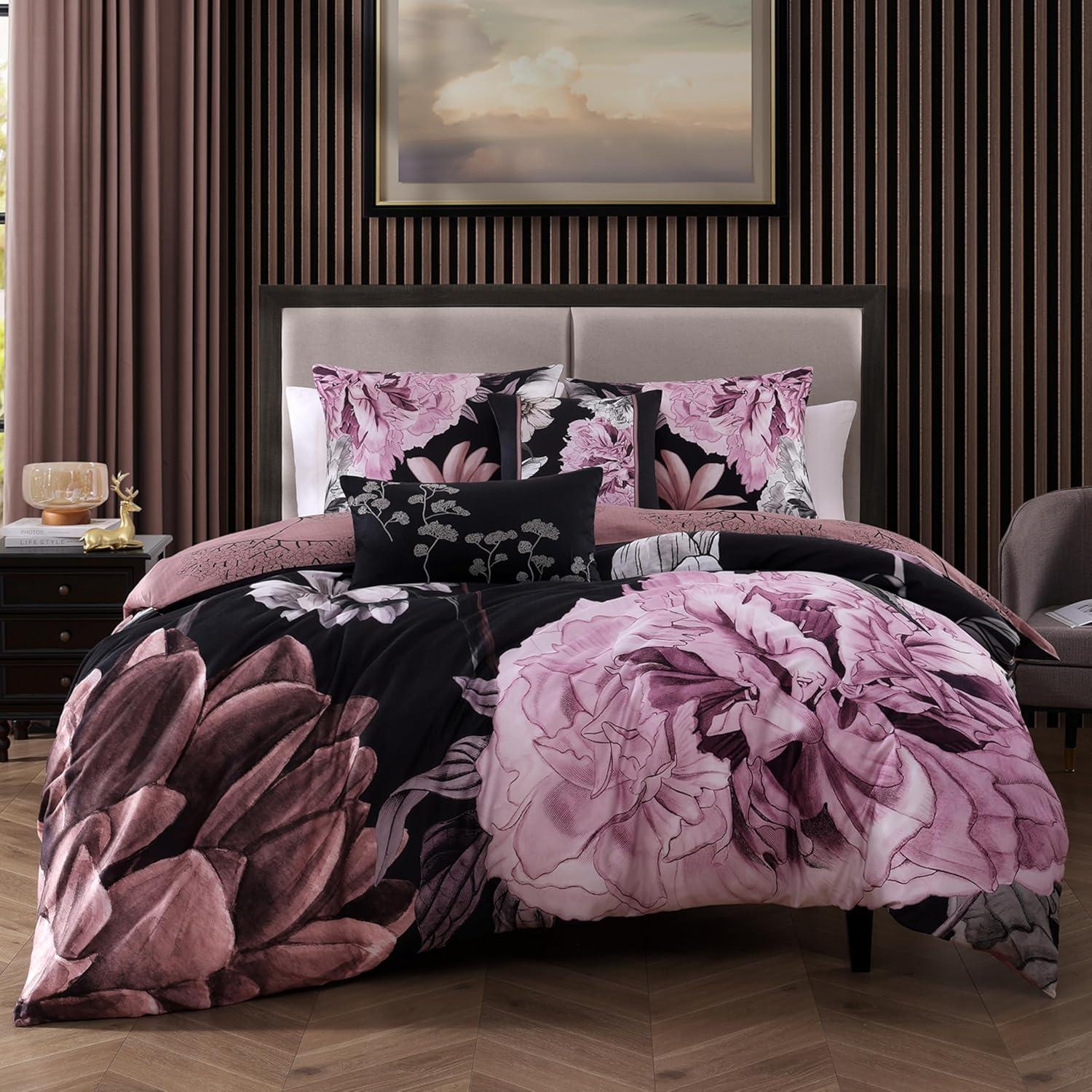 BeBeJan Bebejan Cool Pink Roses 200 Thread Count 100% Cotton Sateen 5-Piece Reversible Comforter Set