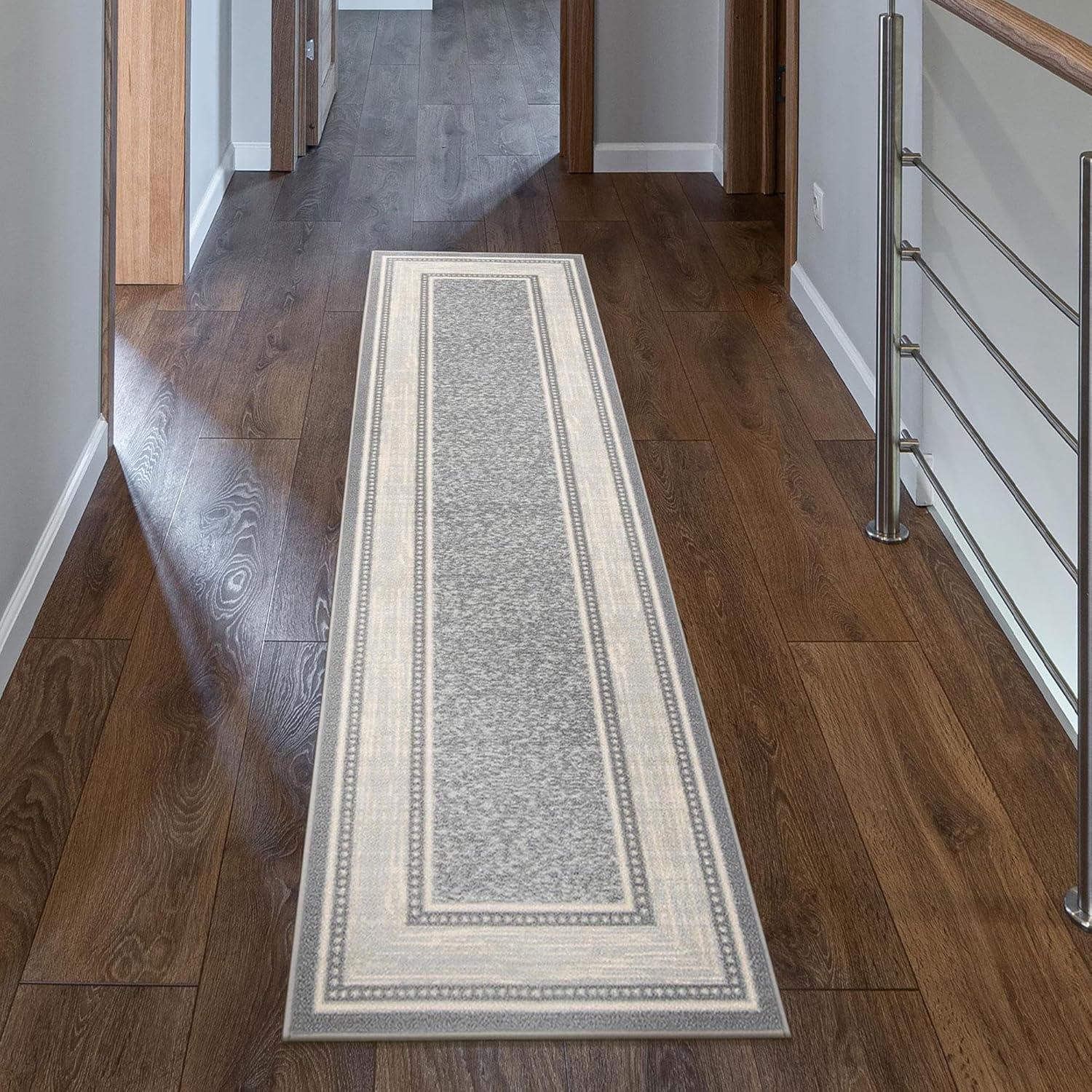 Ottomanson Machine Washable Non-Slip Rubberback Bordered 2x7 Indoor Runner Rug, 1'10" x 7', Light Gray