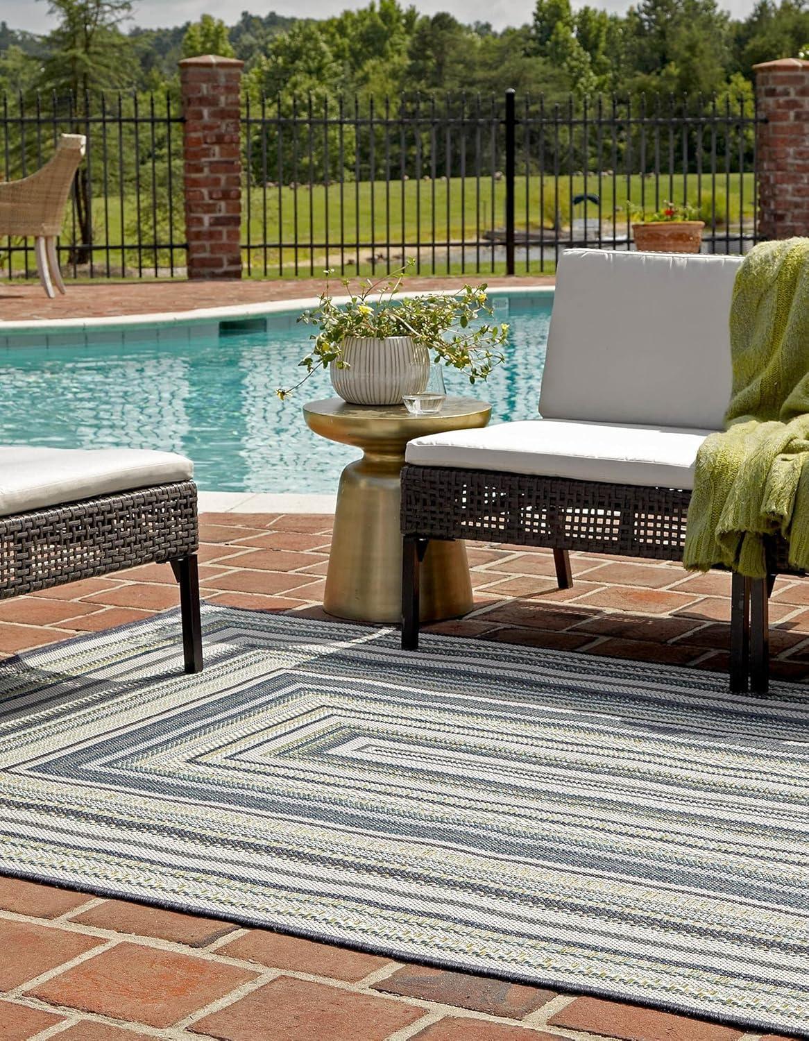 Blue and Ivory Rectangular Synthetic Outdoor Rug, 5' x 8'