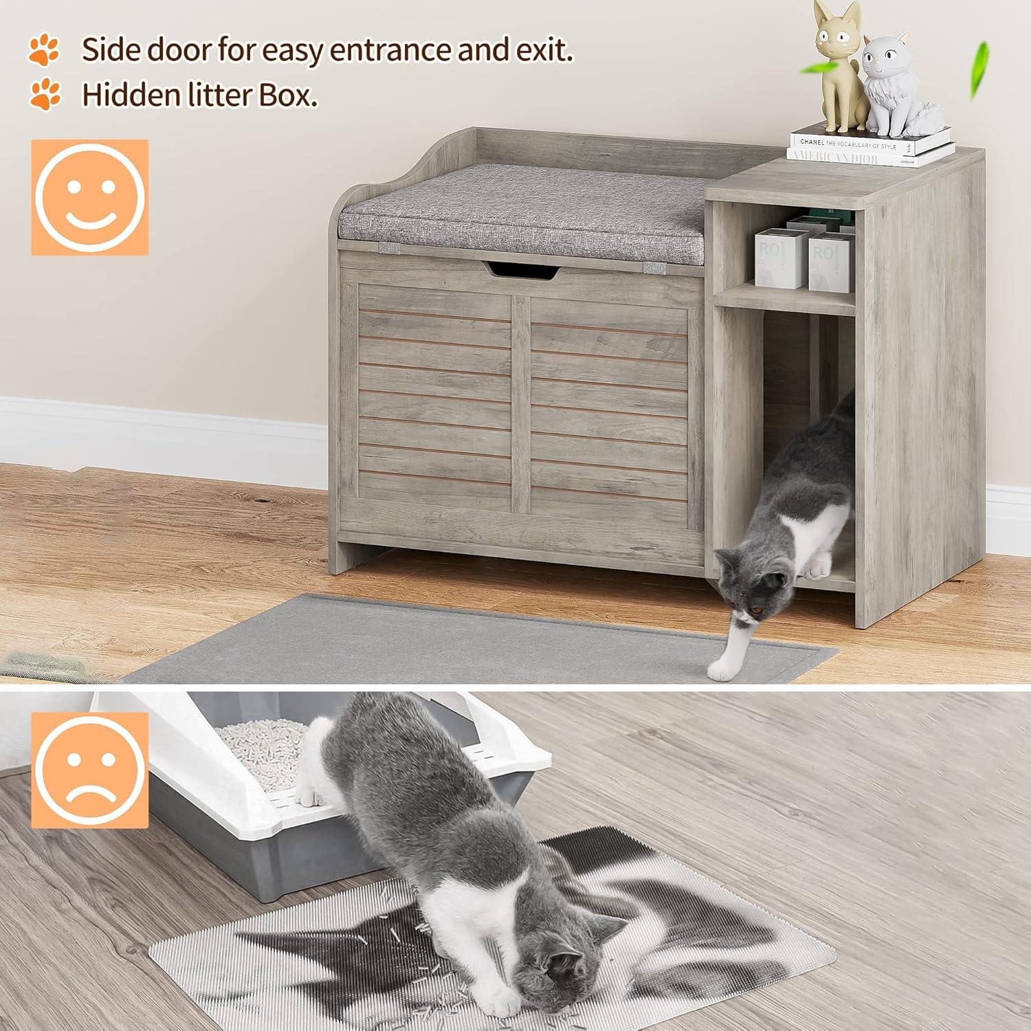 Litter Box Enclosure with Top Opening with Cushion, Cat Litter Box Furniture Hidden, Litter Box Hidden, Cat House, Privacy Cat Litter Box Cabinet Grey