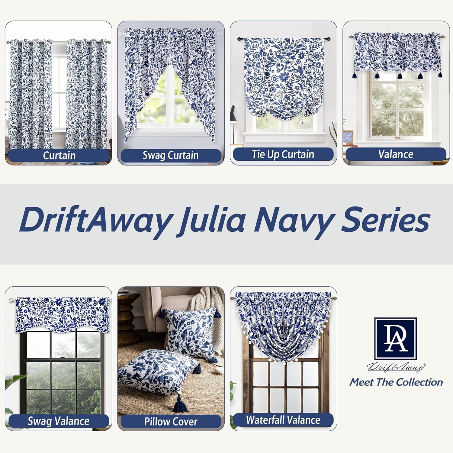 DriftAway Julia Watercolor Blackout Room Darkening Grommet Lined Thermal Insulated Energy Saving Window Curtains 2 Layers 2 Panels 36"L x 52"W Navy