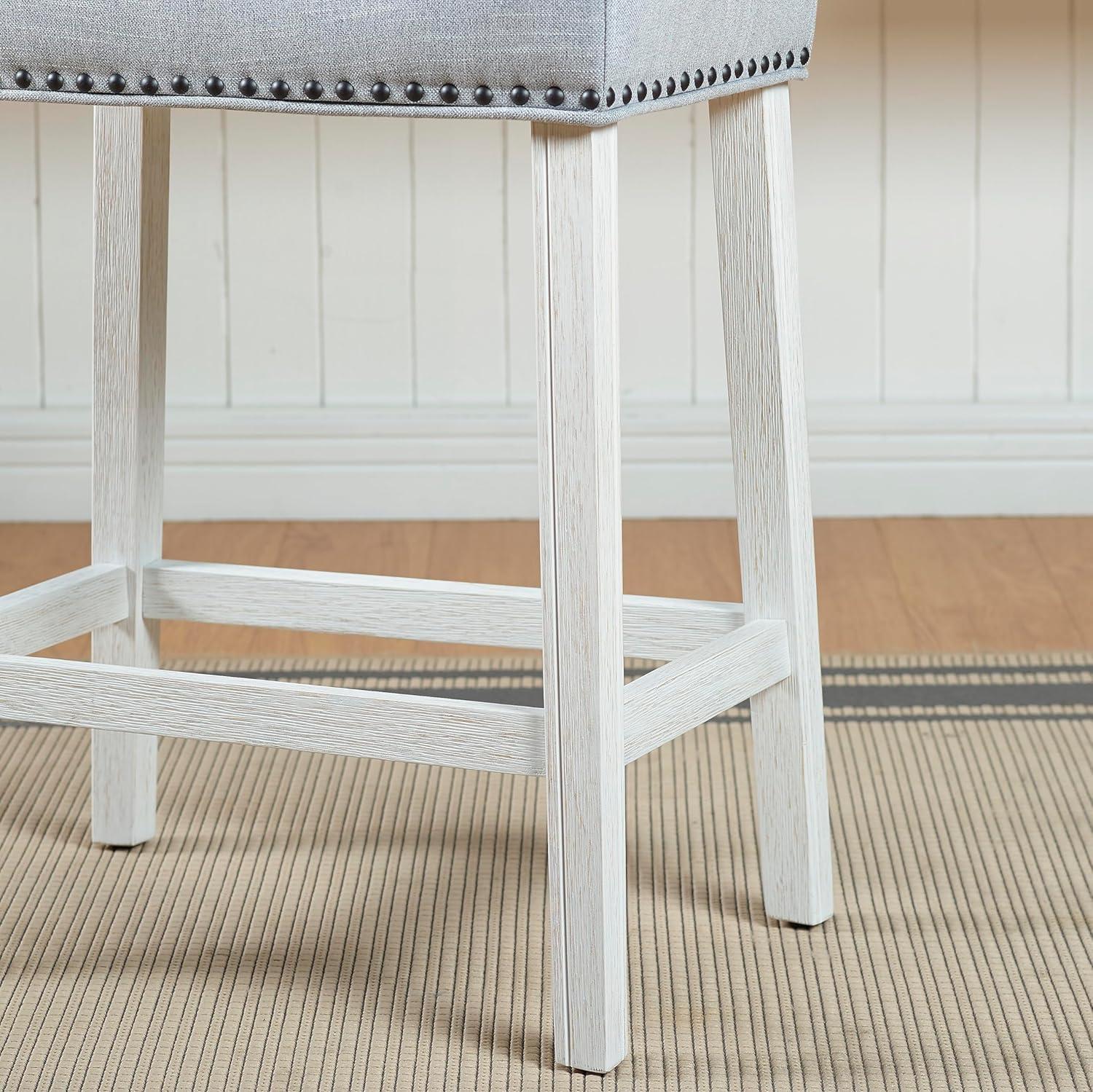 Roundhill Furniture CoCo Upholstered Counter Height Stools - Saddle Seat, White-Washed Finish, Gray Fabric, Set of 2