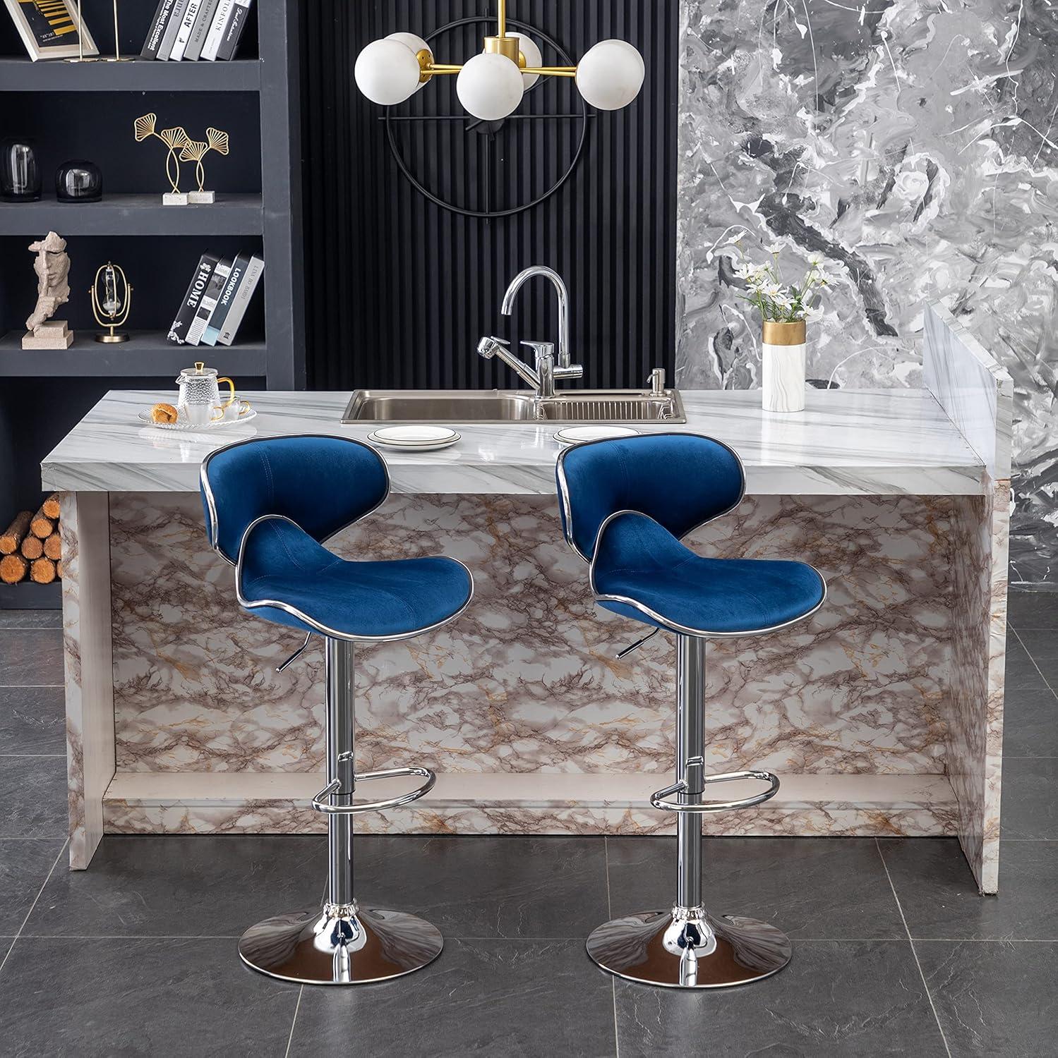 Masaccio Velvet Upholstered Adjustable Swivel Barstool(Set of 2) in Blue