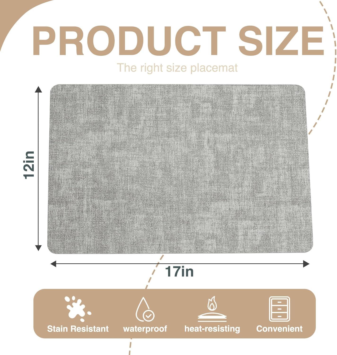 FOCUSLINE Faux Leather Placemats Set of 6, Light Grey Table Place Mats, Waterproof and Non-Slip Dining Table Mats for Indoor & Outdoor Use