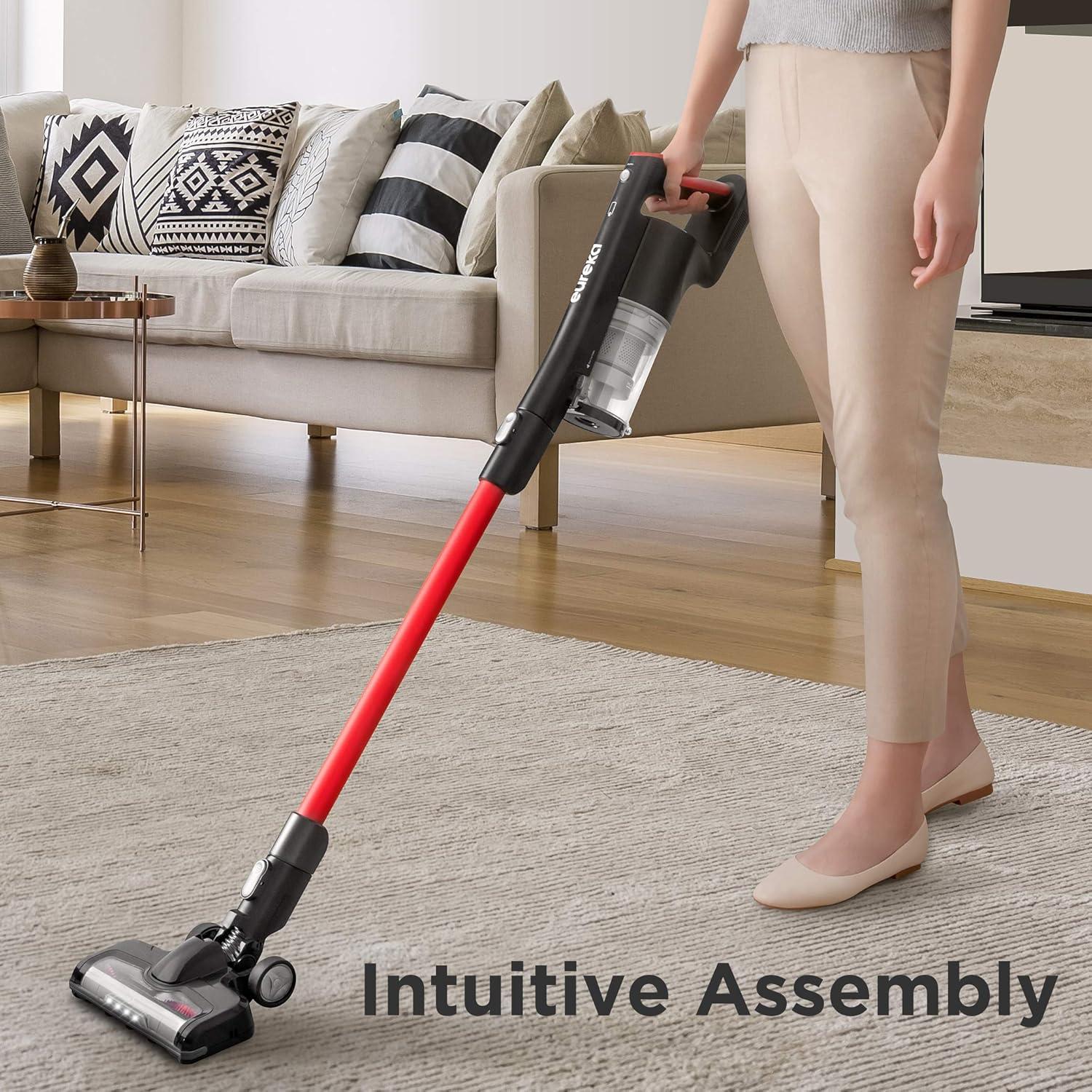 EUREKA Cordless Vacuum Cleaner, Hight Efficiency for All Carpet and Hardwood Floor LED Headlights, Convenient Stick and Handheld Vac, Basic Red