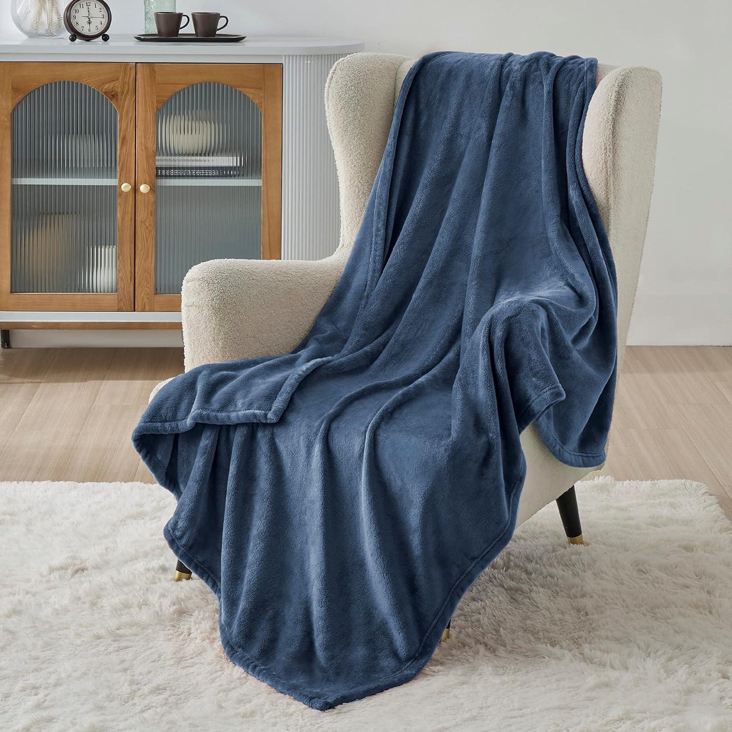 Flannel Blanket Solid 300GSM Soft Fuzzy Plush Throw Size Mineral Blue - Bedsure
