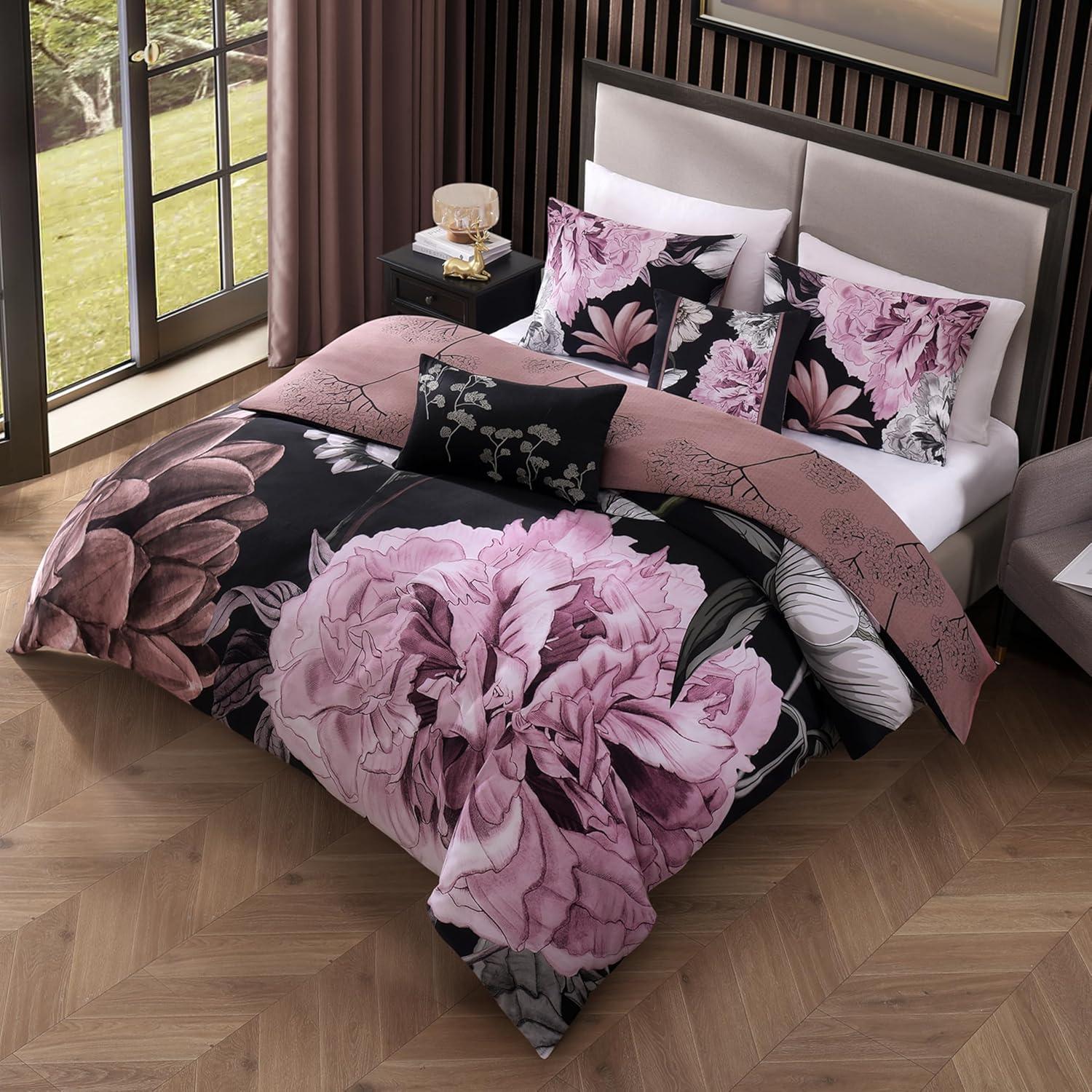BeBeJan Bebejan Cool Pink Roses 200 Thread Count 100% Cotton Sateen 5-Piece Reversible Comforter Set