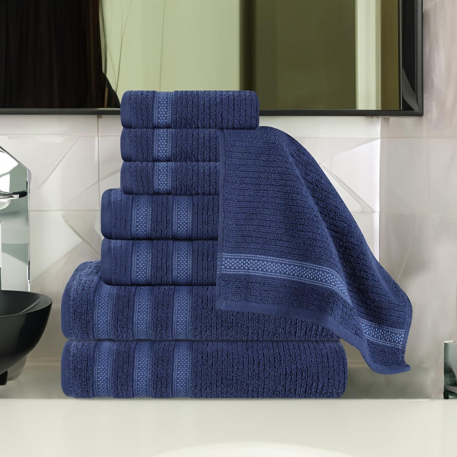 Superior Zero Twist Cotton Ribbed Geometric 8-Piece Towel Set, Navy Blue