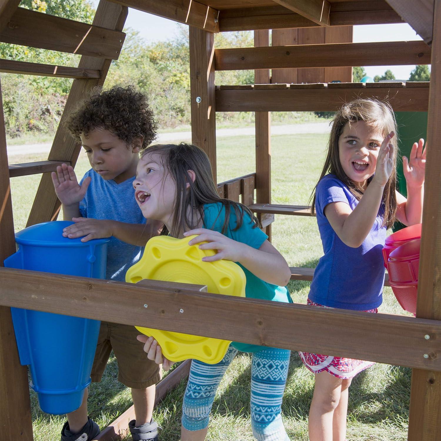 Swing-N-Slide Super Knightsbridge WS 8354 Wood Backyard Swing  Set with Two Wave Slides, Wood Roof, Monkey Bars, Rock Wall, Music Play, and Swings