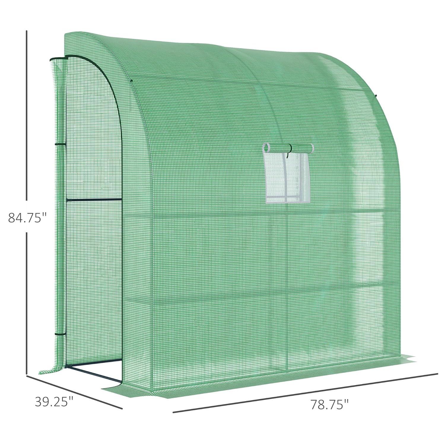 HLILish Outsunny 7' X 3' X 7' Lean To Greenhouse, Walk-In Green House, Plant Nursery With 2 Roll-Up Doors And Windows, PE Cover And 3 Wire Shelves