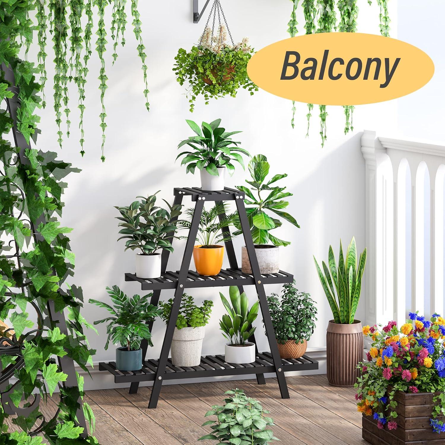 Bamboo Plant Stand Indoor/Outdoor, 3-Tier, Black, Rectangular, 8 Potted Flower Holder Ladder Plant Rack