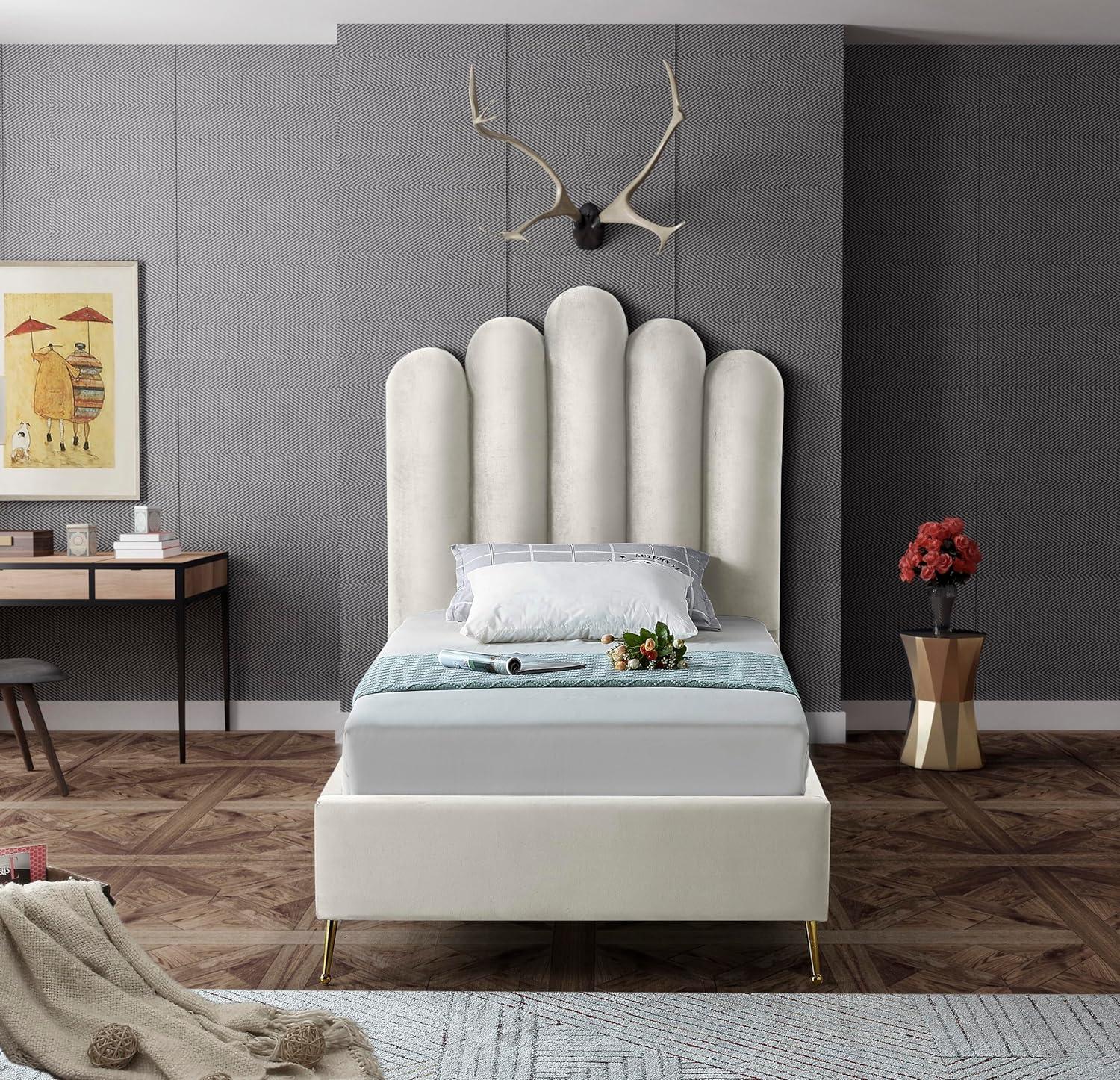 Meridian Furniture Lily Solid Wood and Tufted Velvet Twin Bed in Cream