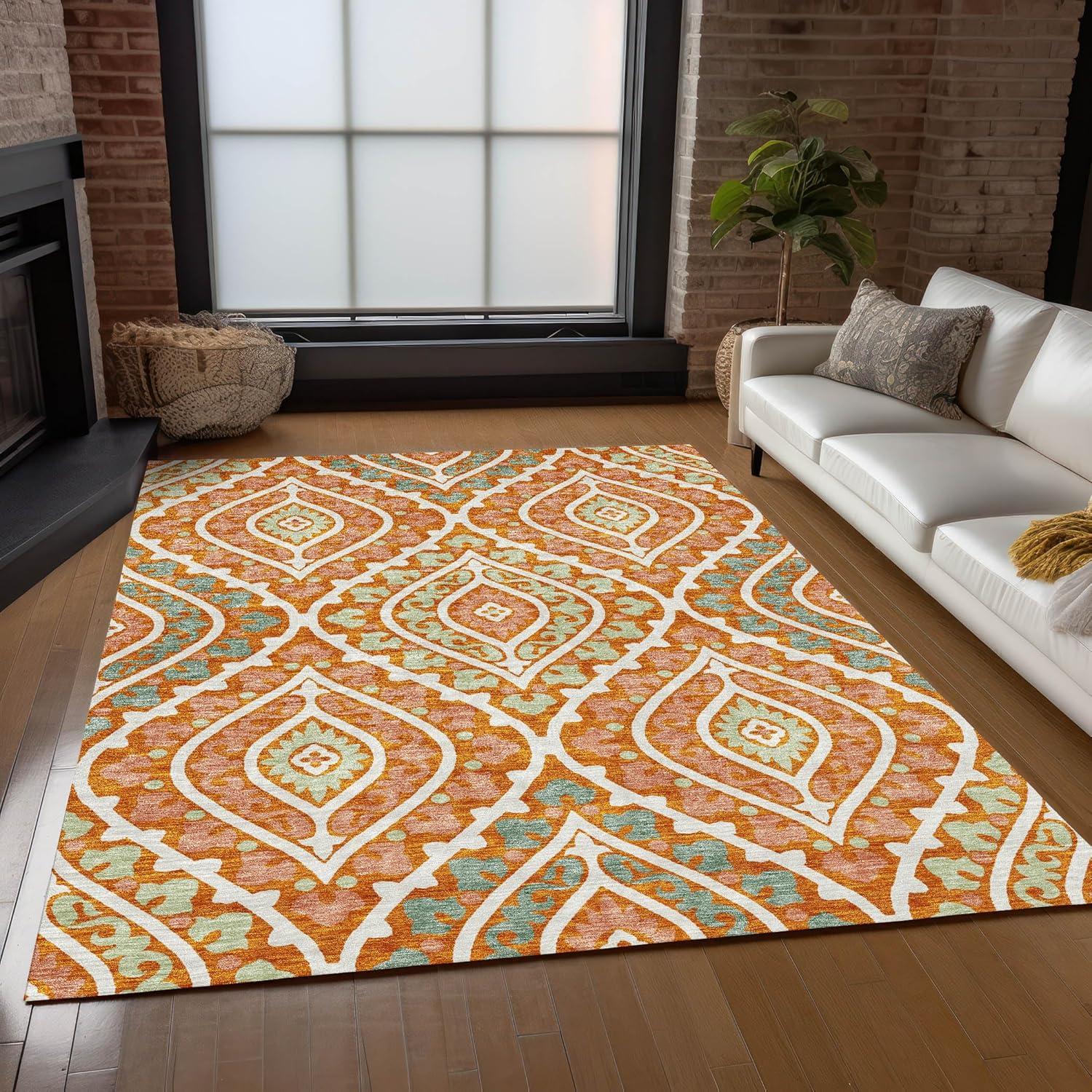 Orange Diamond Pattern Indoor/Outdoor Washable Rug 3' x 5'