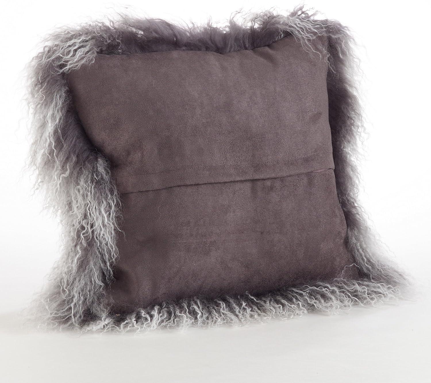 Charcoal Wool Mongolian Lamb Fur Square Throw Pillow, 16"