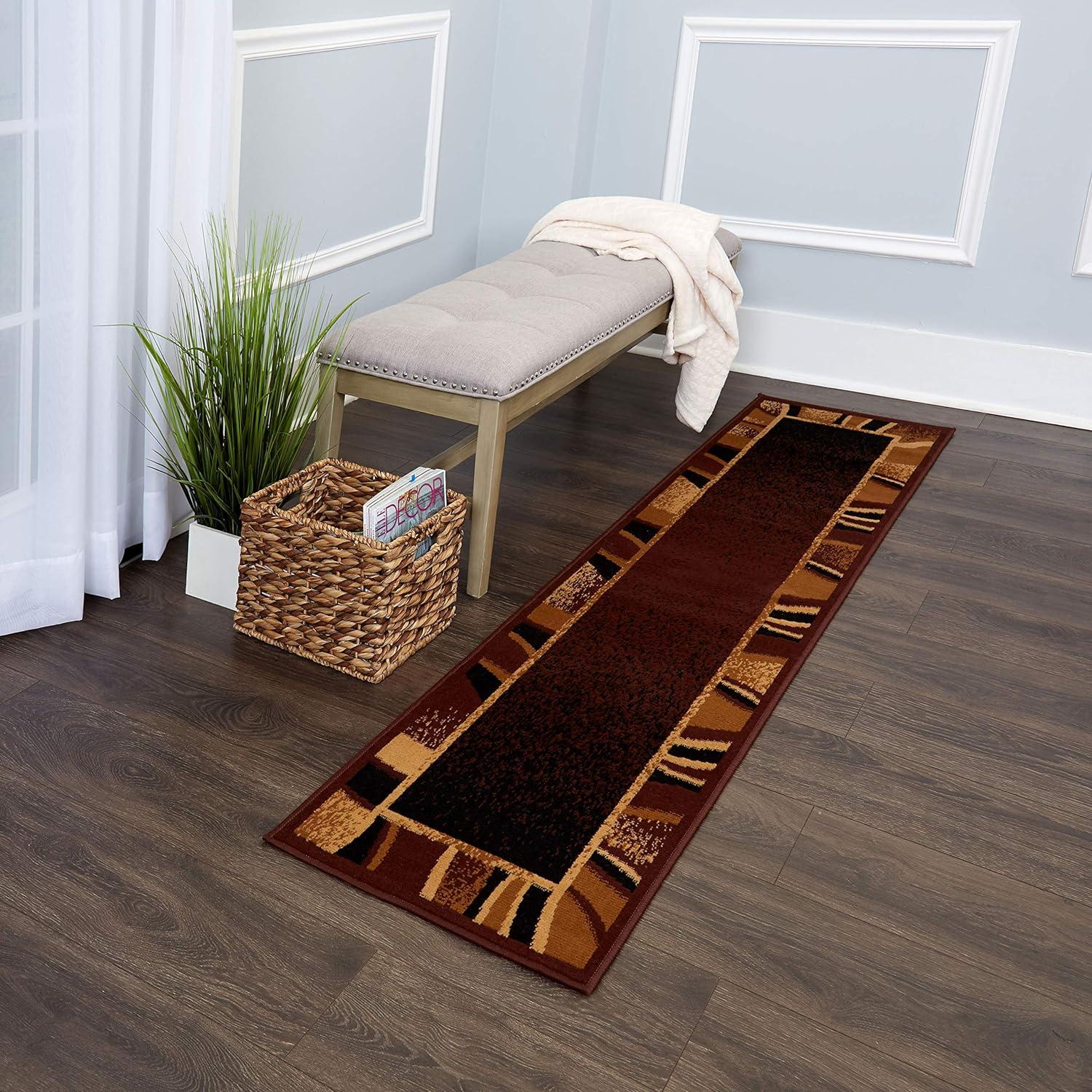 Rizzy Brown and Beige Abstract Border Runner Rug