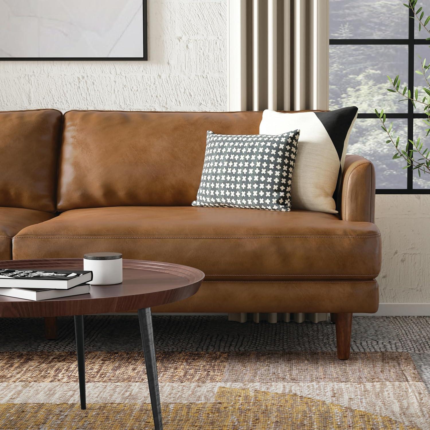 Simpli Home Livingston Top Grain Genuine Leather Mid-Century Modern Sofa With Solid Wood Frame For Living Room
